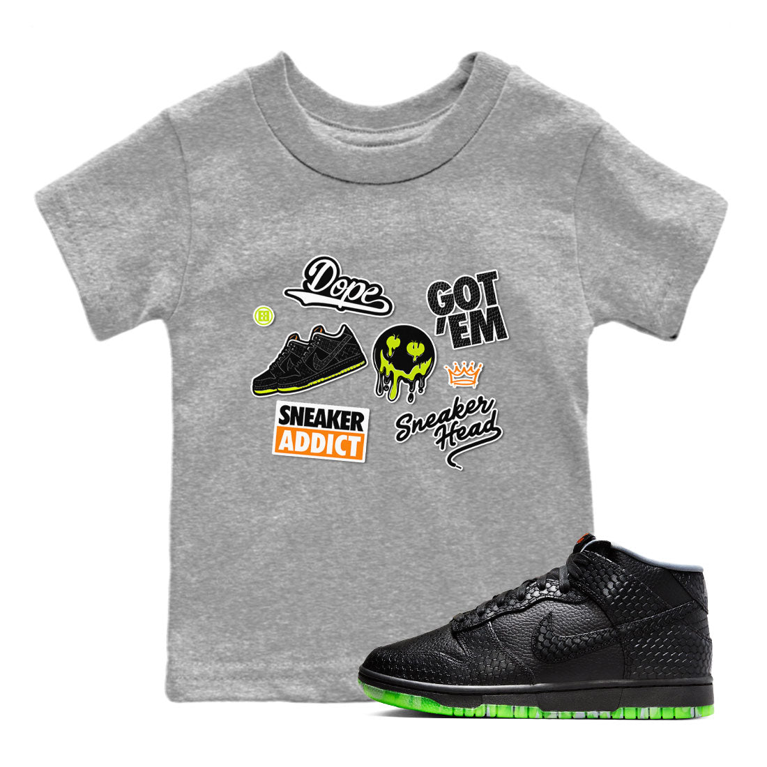 Dunk Halloween shirt to match jordans Sneakerhead Sticker sneaker tees Special Halloween Costume Dunk Mid Halloween Drip Gear Zone Baby Toddler Heather Grey 1 T-Shirt