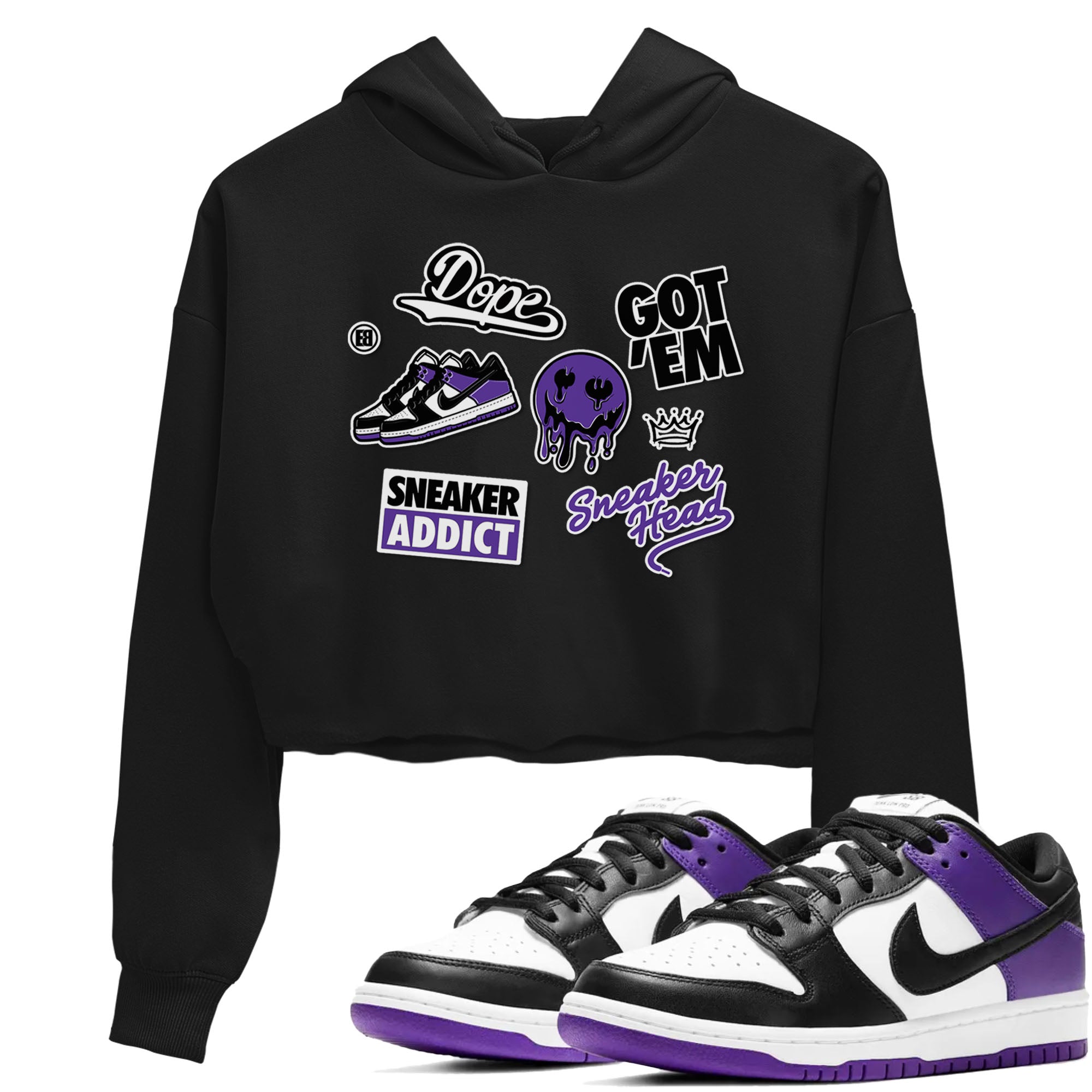 Sneakerhead Sticker sneaker match tees to Court Purple Dunks street fashion brand for shirts to match Jordans Drip Gear Zone Dunk Low Court Purple unisex t-shirt Black 1 crop shirt