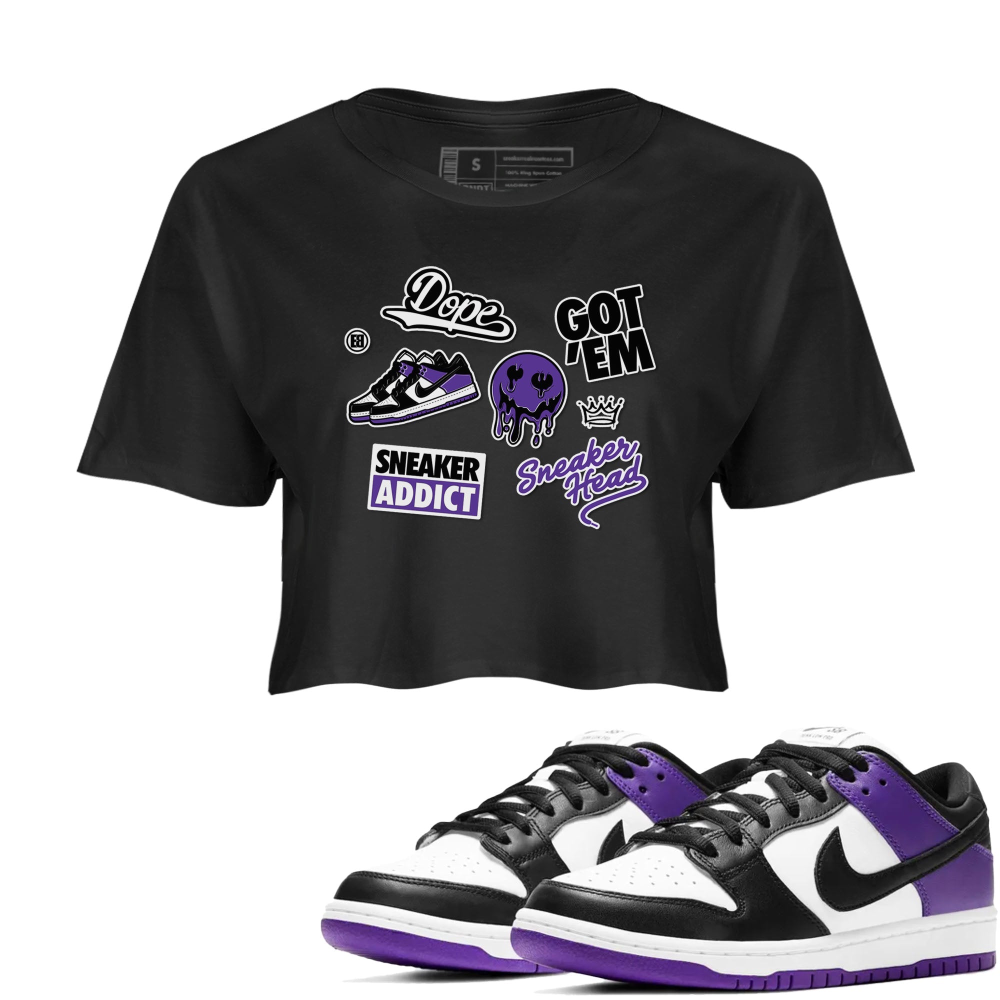 Sneakerhead Sticker sneaker match tees to Court Purple Dunks street fashion brand for shirts to match Jordans Drip Gear Zone Dunk Low Court Purple unisex t-shirt Black 1 crop shirt