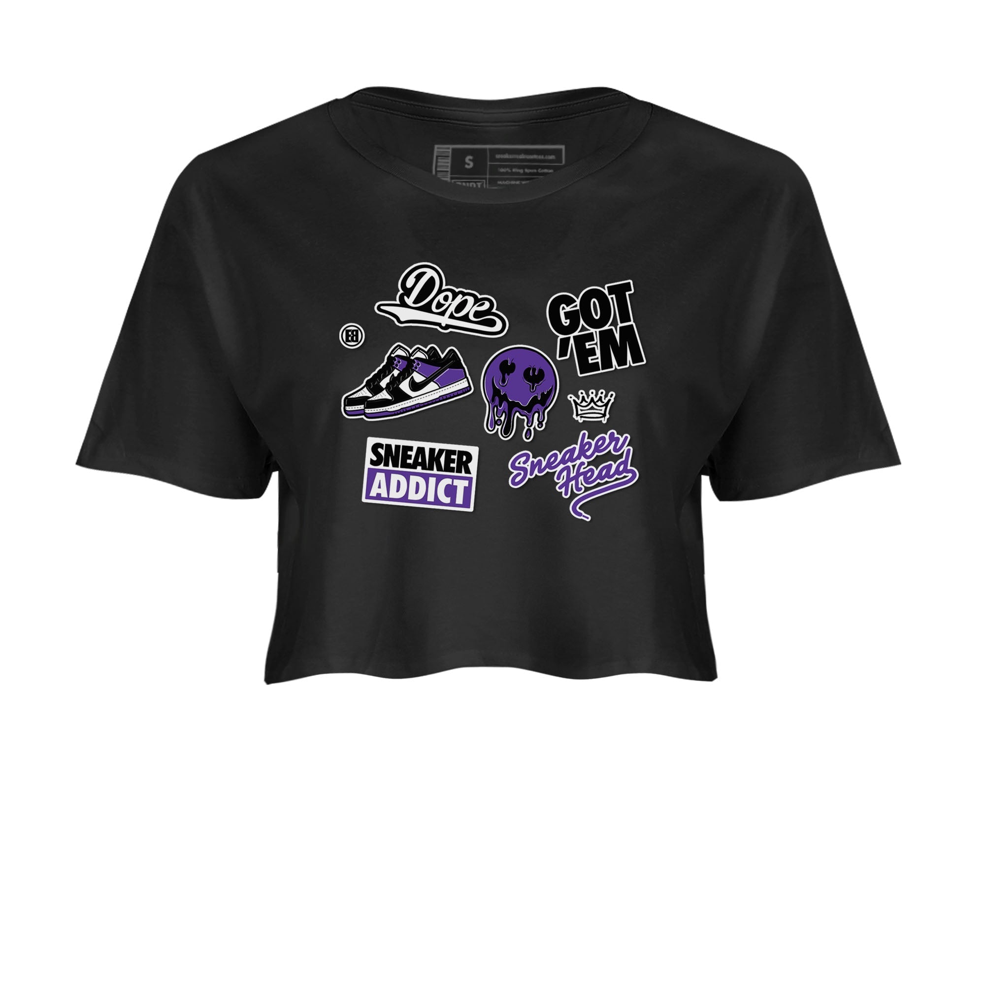 Sneakerhead Sticker sneaker match tees to Court Purple Dunks street fashion brand for shirts to match Jordans Drip Gear Zone Dunk Low Court Purple unisex t-shirt Black 2 crop shirt