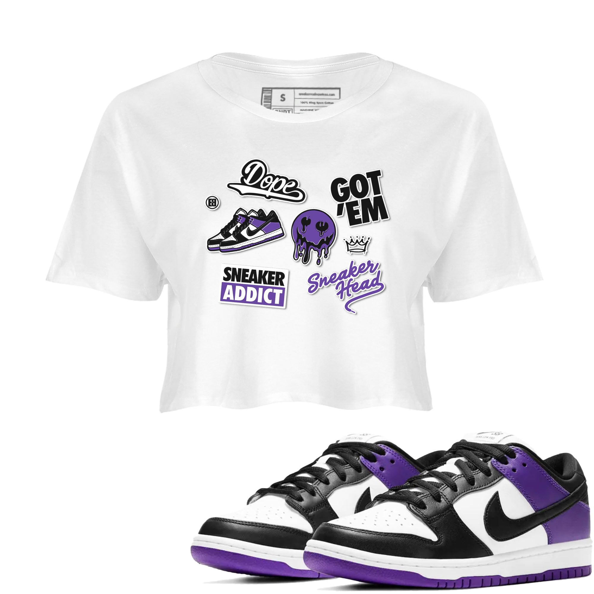 Sneakerhead Sticker sneaker match tees to Court Purple Dunks street fashion brand for shirts to match Jordans Drip Gear Zone Dunk Low Court Purple unisex t-shirt White 1 crop shirt