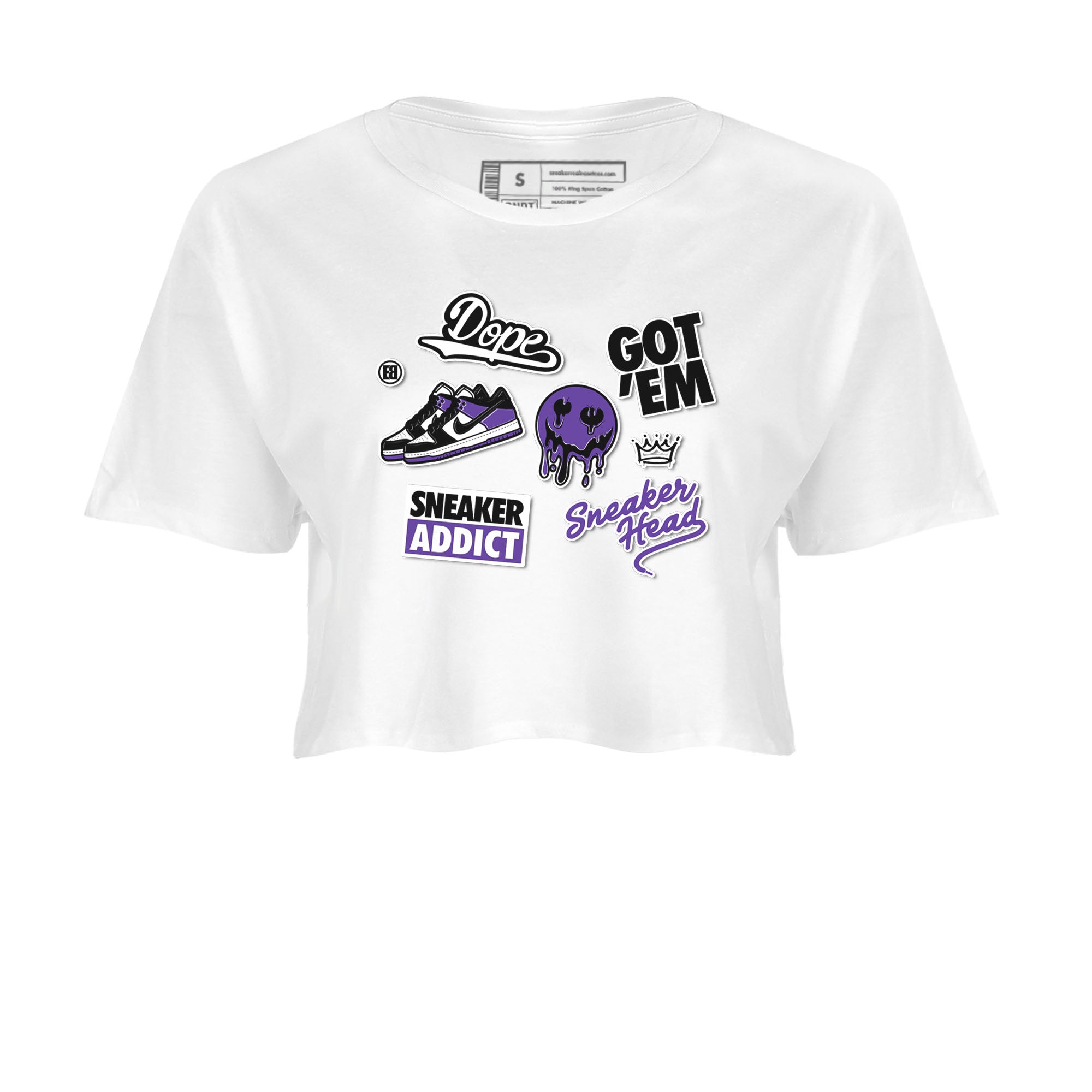 Sneakerhead Sticker sneaker match tees to Court Purple Dunks street fashion brand for shirts to match Jordans Drip Gear Zone Dunk Low Court Purple unisex t-shirt White 2 crop shirt
