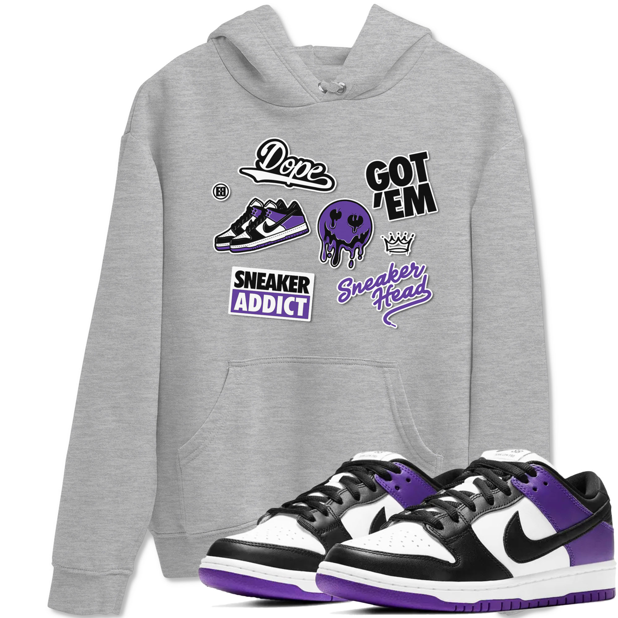 Sneakerhead Sticker sneaker match tees to Court Purple Dunks street fashion brand for shirts to match Jordans Drip Gear Zone Dunk Low Court Purple unisex t-shirt Heather Grey 1 unisex shirt