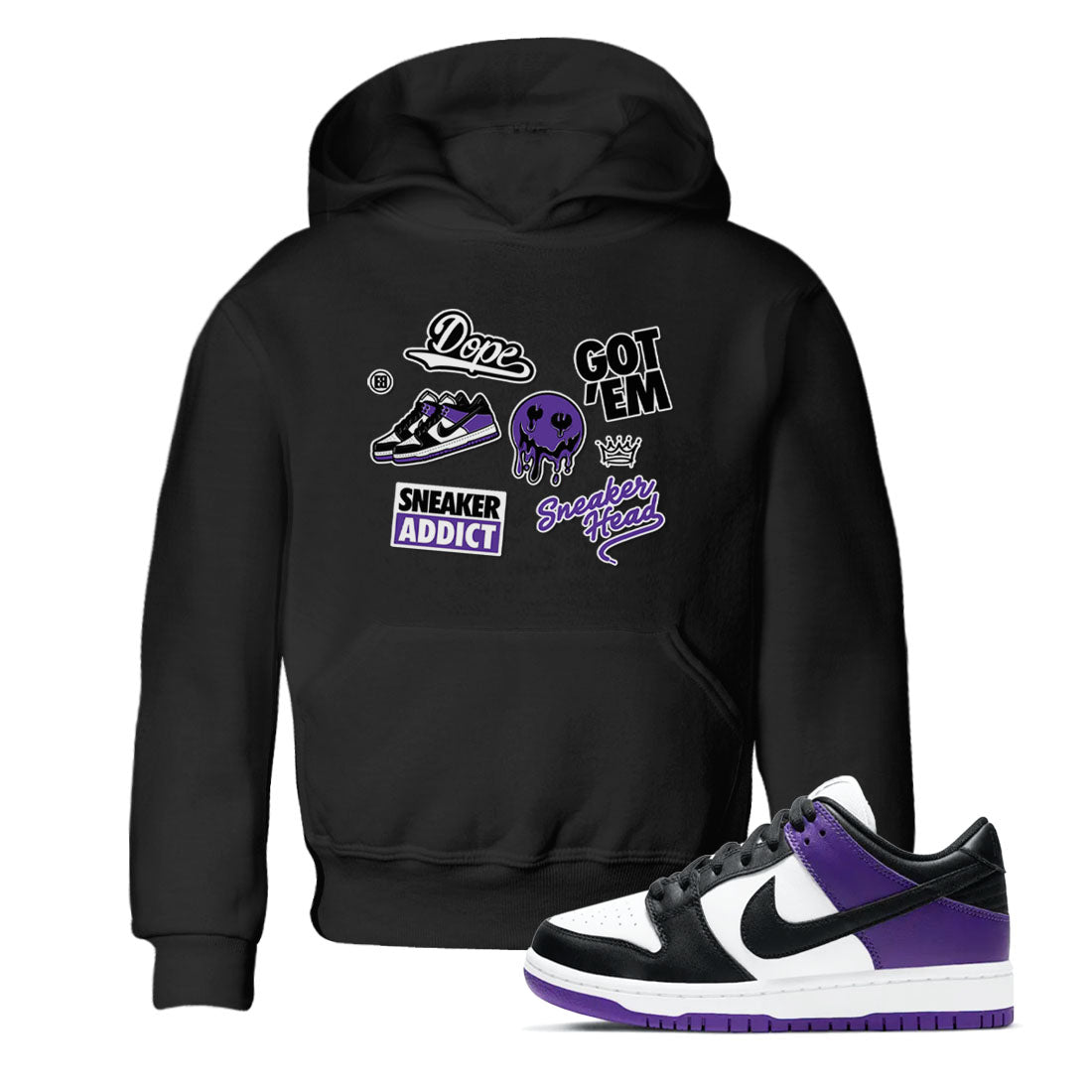 Sneakerhead Sticker sneaker match tees to Court Purple Dunks street fashion brand for shirts to match Jordans Drip Gear Zone Dunk Low Court Purple unisex t-shirt Black 1 youth shirt