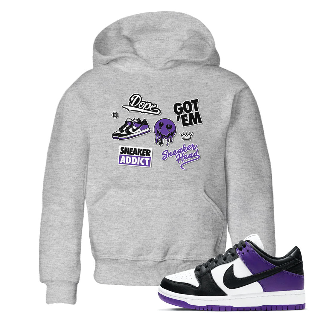 Sneakerhead Sticker sneaker match tees to Court Purple Dunks street fashion brand for shirts to match Jordans Drip Gear Zone Dunk Low Court Purple unisex t-shirt Heather Grey 1 youth shirt