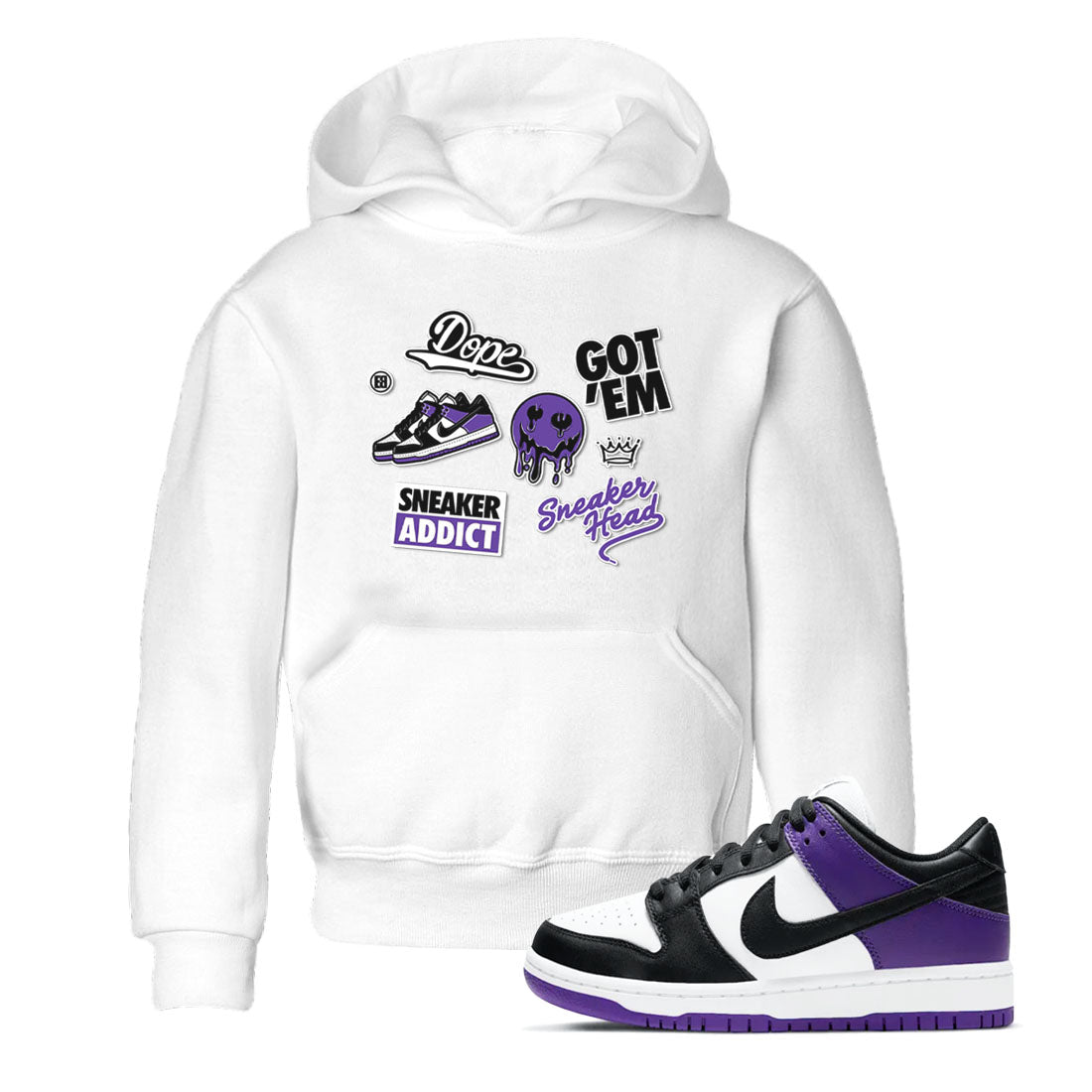 Sneakerhead Sticker sneaker match tees to Court Purple Dunks street fashion brand for shirts to match Jordans Drip Gear Zone Dunk Low Court Purple unisex t-shirt White 1 youth shirt