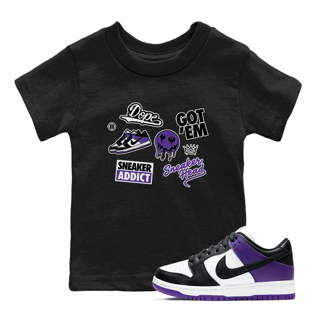 Sneakerhead Sticker sneaker match tees to Court Purple Dunks street fashion brand for shirts to match Jordans Drip Gear Zone Dunk Low Court Purple unisex t-shirt Black 1 youth shirt