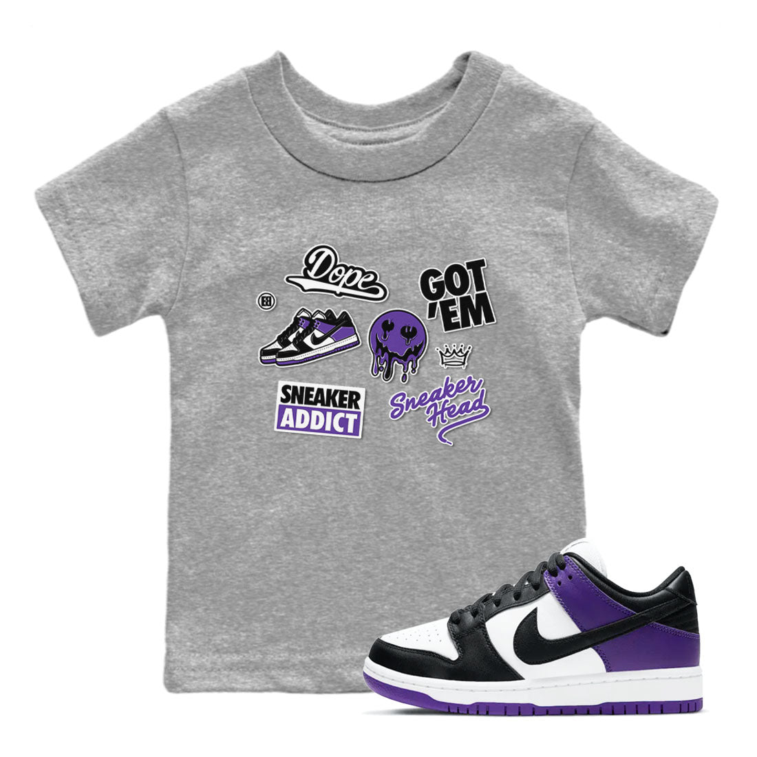 Sneakerhead Sticker sneaker match tees to Court Purple Dunks street fashion brand for shirts to match Jordans Drip Gear Zone Dunk Low Court Purple unisex t-shirt Heather Grey 1 youth shirt