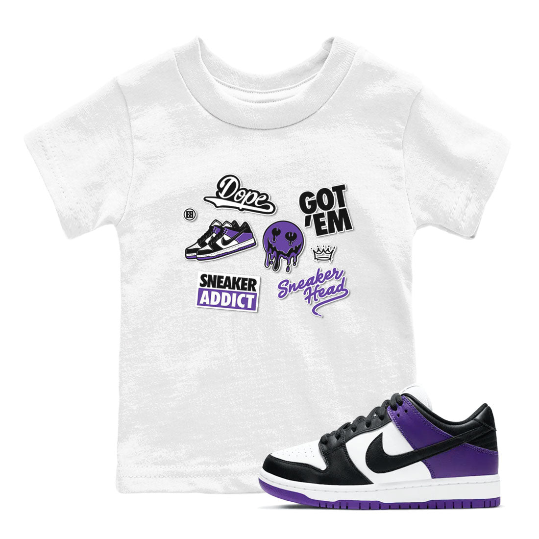 Sneakerhead Sticker sneaker match tees to Court Purple Dunks street fashion brand for shirts to match Jordans Drip Gear Zone Dunk Low Court Purple unisex t-shirt White 1 youth shirt