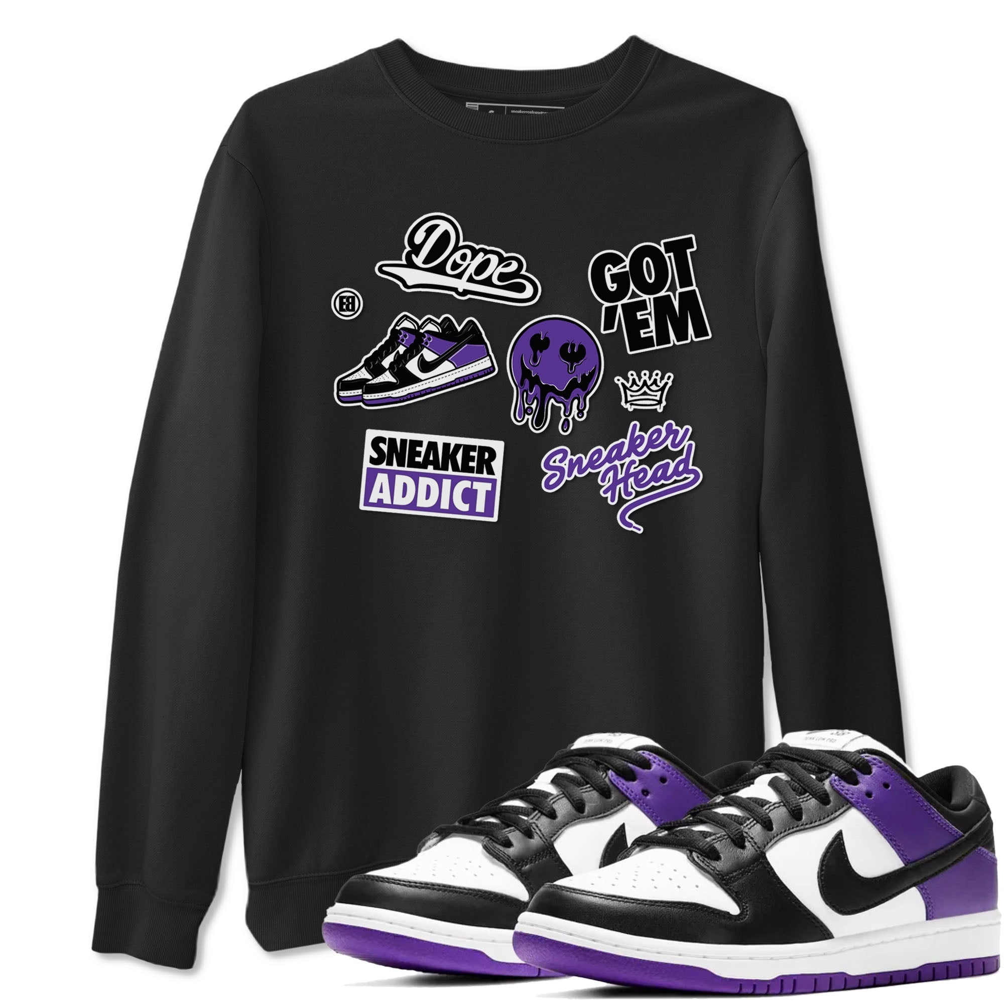 Sneakerhead Sticker sneaker match tees to Court Purple Dunks street fashion brand for shirts to match Jordans Drip Gear Zone Dunk Low Court Purple unisex t-shirt Black 1 unisex shirt