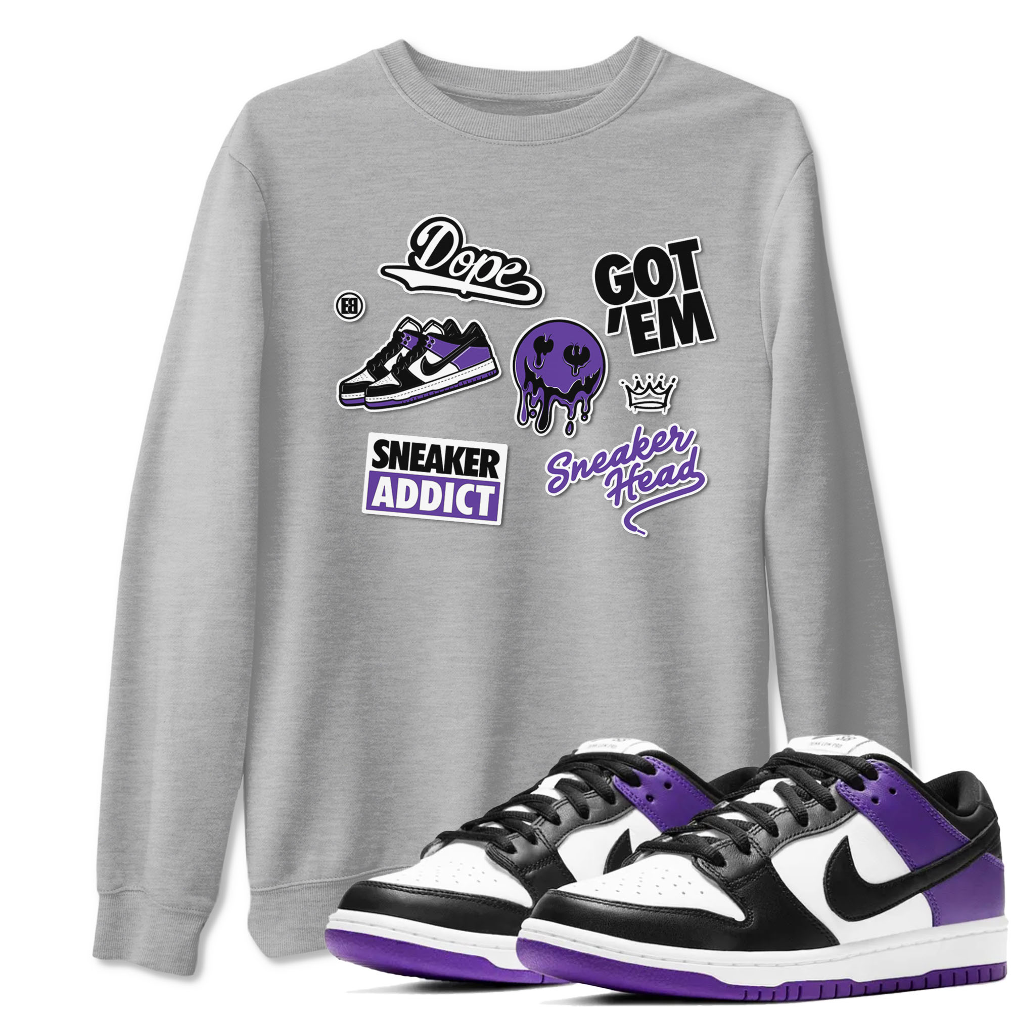 Sneakerhead Sticker sneaker match tees to Court Purple Dunks street fashion brand for shirts to match Jordans Drip Gear Zone Dunk Low Court Purple unisex t-shirt Heather Grey 1 unisex shirt