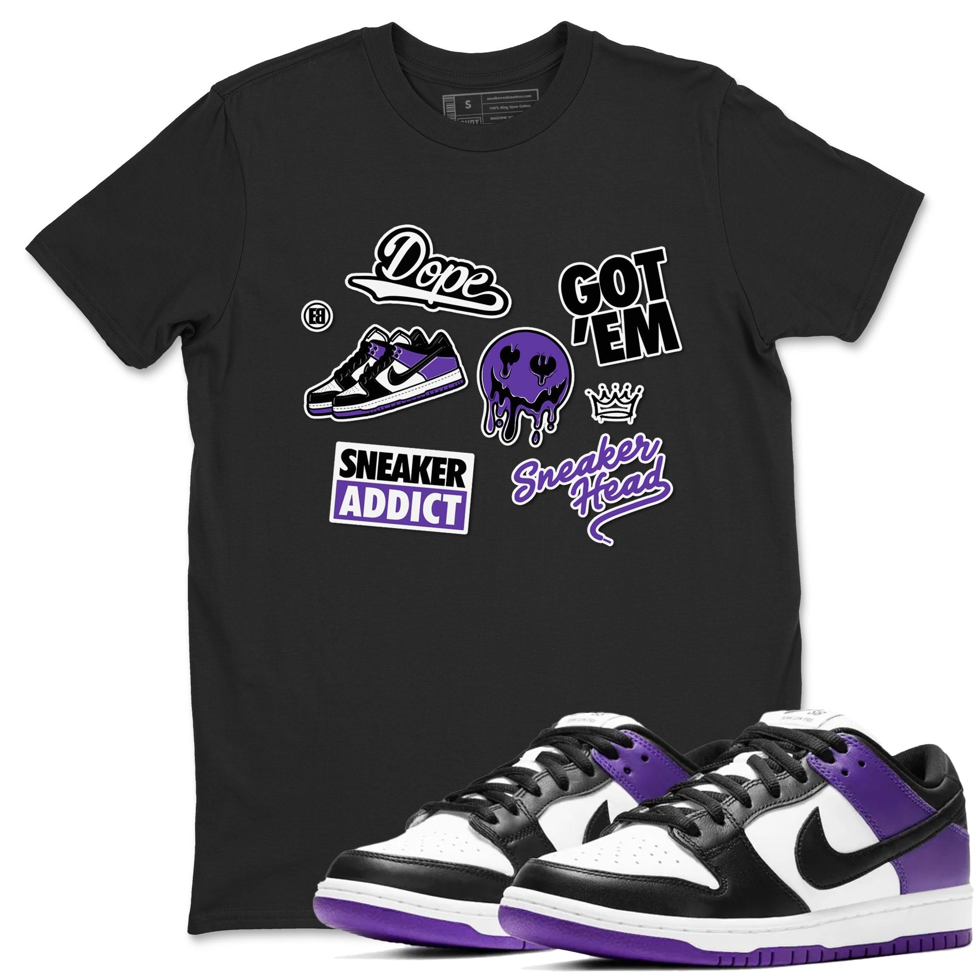 Sneakerhead Sticker sneaker match tees to Court Purple Dunks street fashion brand for shirts to match Jordans Drip Gear Zone Dunk Low Court Purple unisex t-shirt Black 1 unisex shirt