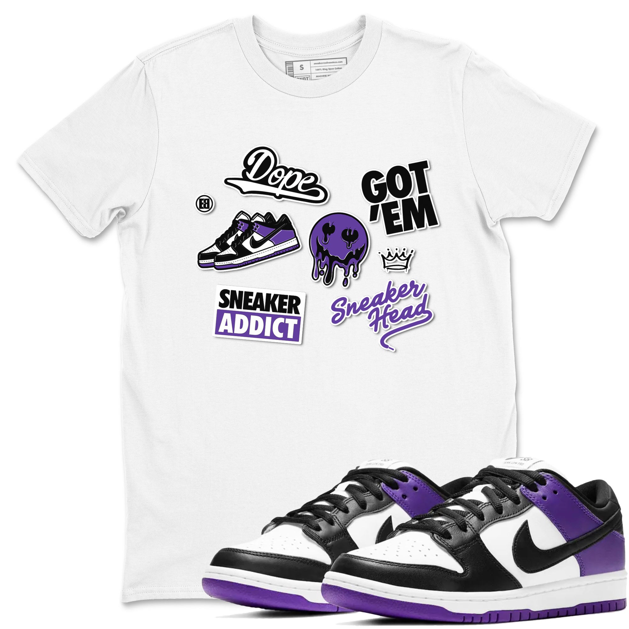 Sneakerhead Sticker sneaker match tees to Court Purple Dunks street fashion brand for shirts to match Jordans Drip Gear Zone Dunk Low Court Purple unisex t-shirt White 1 unisex shirt