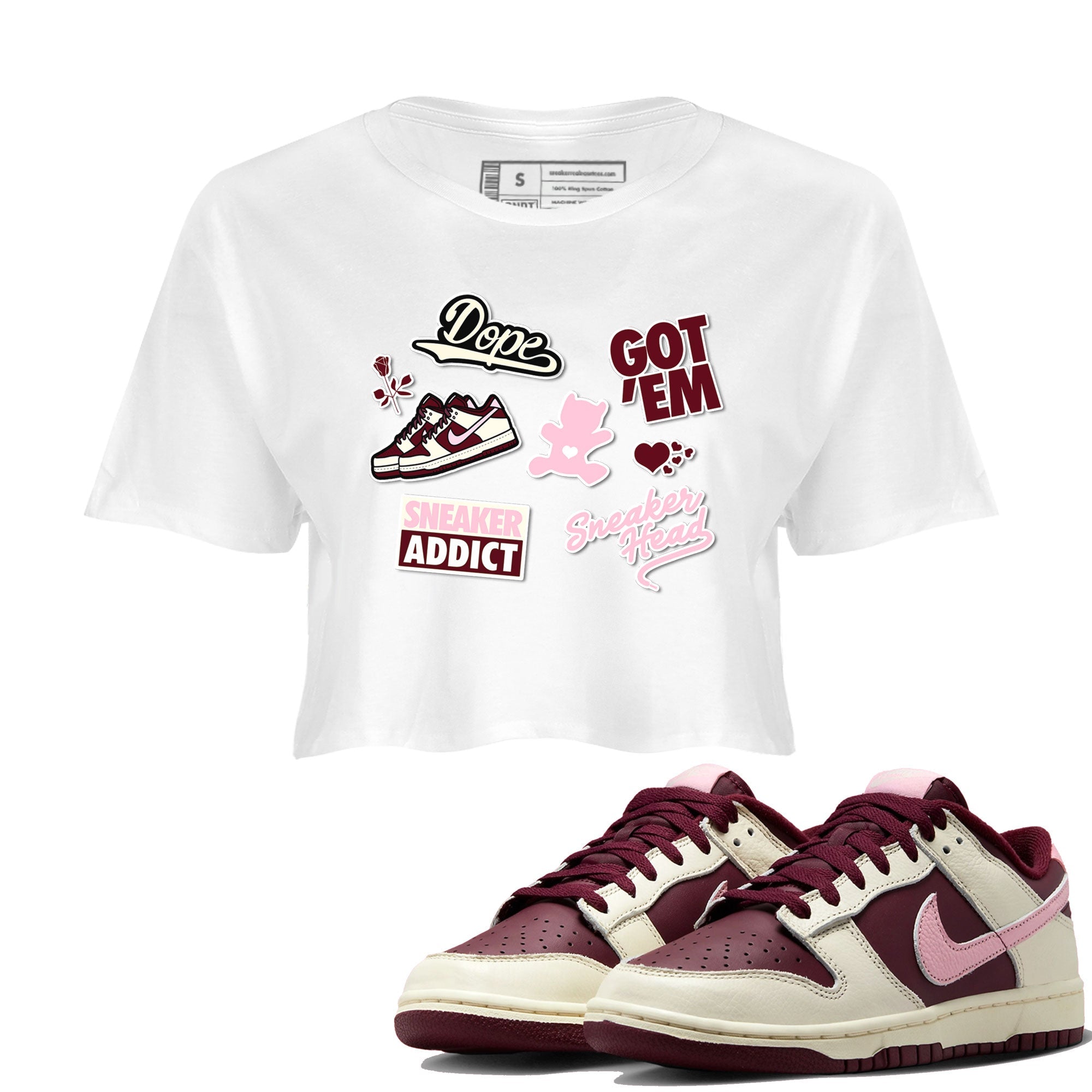 Dunk Valentine's Day shirt to match jordans Sneakerhead Sticker sneaker tees Dunk Valentines Day Drip Gear Zone Sneaker Matching Cotton Shirt White 1 crop length shirt
