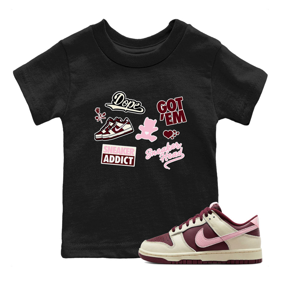 Dunk Valentine's Day shirt to match jordans Sneakerhead Sticker sneaker tees Dunk Valentines Day Drip Gear Zone Sneaker Matching Cotton Shirt baby toddler Black 1 cotton Shirt