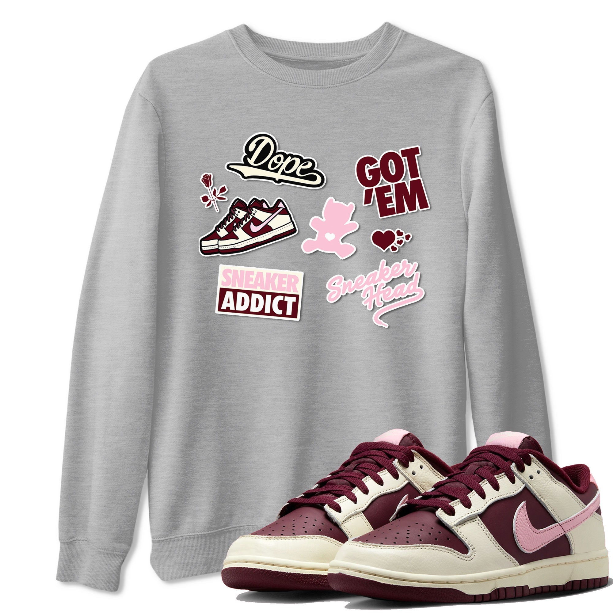 Dunk Valentine's Day shirt to match jordans Sneakerhead Sticker sneaker tees Dunk Valentines Day Drip Gear Zone Sneaker Matching Cotton Shirt unisex cotton Heather Grey 1 crew neck shirt