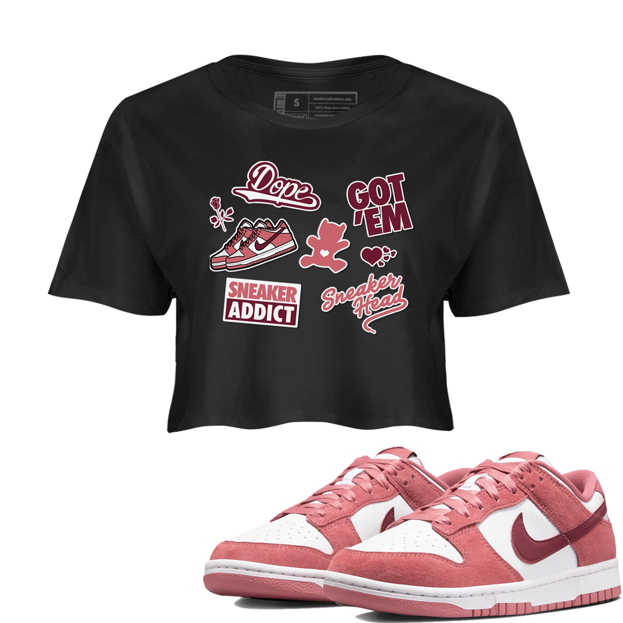 Dunk Low Valentines Day shirt to match jordans Sneakerhead Sticker sneaker tees Dunk Valentine's Day Drip Gear Zone Sneaker Matching Cotton Shirt Black 1 crop length shirt