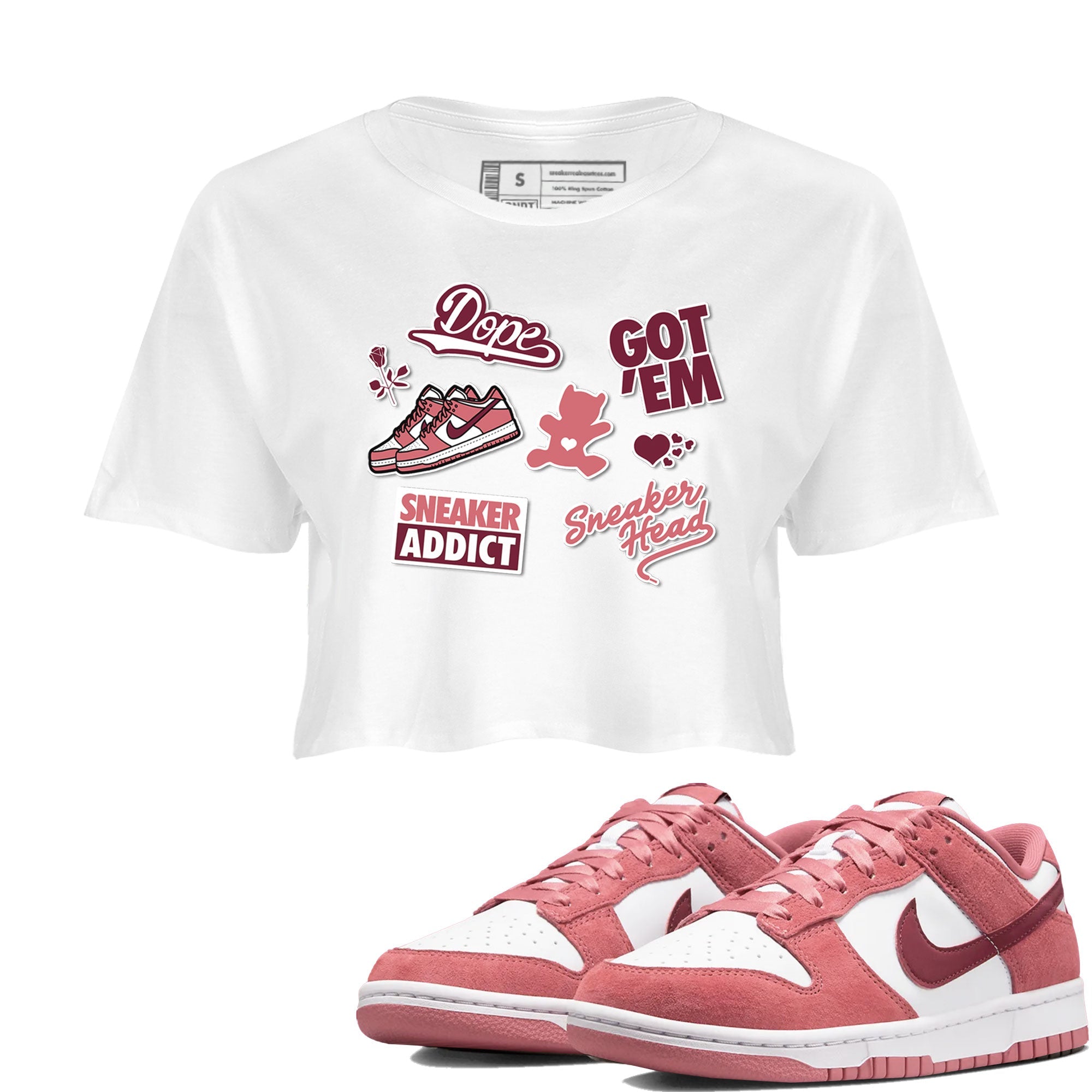 Dunk Low Valentines Day shirt to match jordans Sneakerhead Sticker sneaker tees Dunk Valentine's Day Drip Gear Zone Sneaker Matching Cotton Shirt White 1 crop length shirt