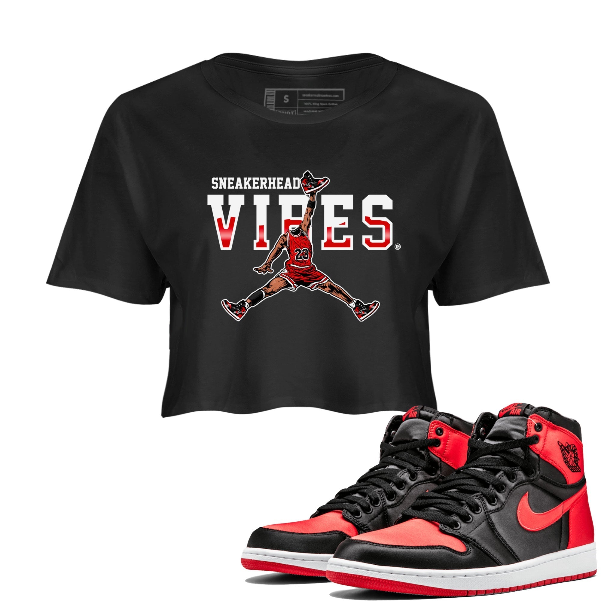 Air Jordan 1 Satin Bred shirt to match jordans Sneakerhead Vibes Streetwear Sneaker Shirt Air Jordan 1 Retro Satin Bred Drip Gear Zone Sneaker Matching Clothing Black 1 Crop T-Shirt