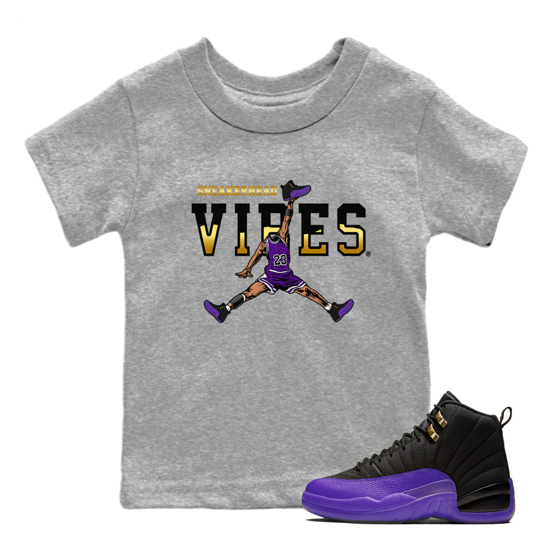 Air Jordan 12 Field Purple Sneaker Match Tees Sneakerhead Vibes Streetwear Sneaker Shirt AJ12 Field Purple Sneaker Release Tees Kids Shirts Heather Grey 1