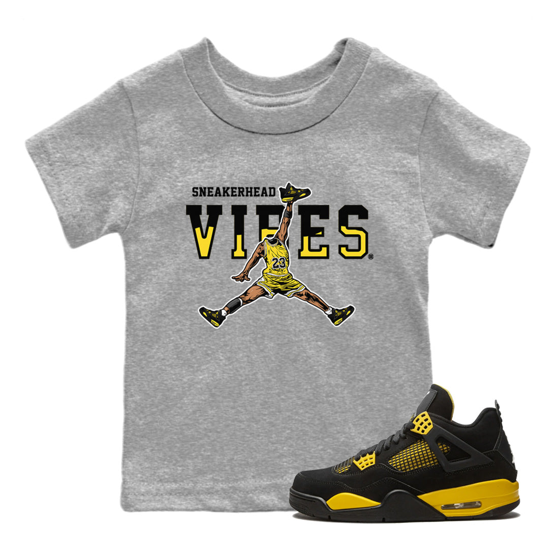 Air Jordan 4 Thunder Sneaker Match Tees Sneakerhead Vibes Streetwear Sneaker Shirt Air Jordan 4 Retro Thunder Sneaker Release Tees Kids Shirts Heather Grey 1