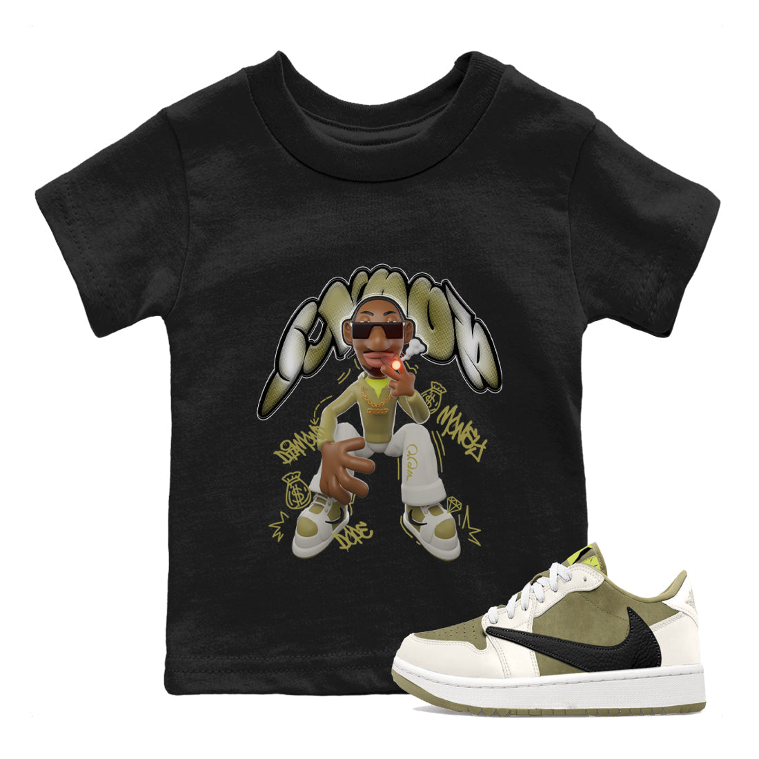 Air Jordan 1 Travis Scott Golf Olive shirt to match jordans Snoop Streetwear Sneaker Shirt AJ1Travis Scott Golf Olive Drip Gear Zone Sneaker Matching Clothing Baby Toddler Black 1 T-Shirt