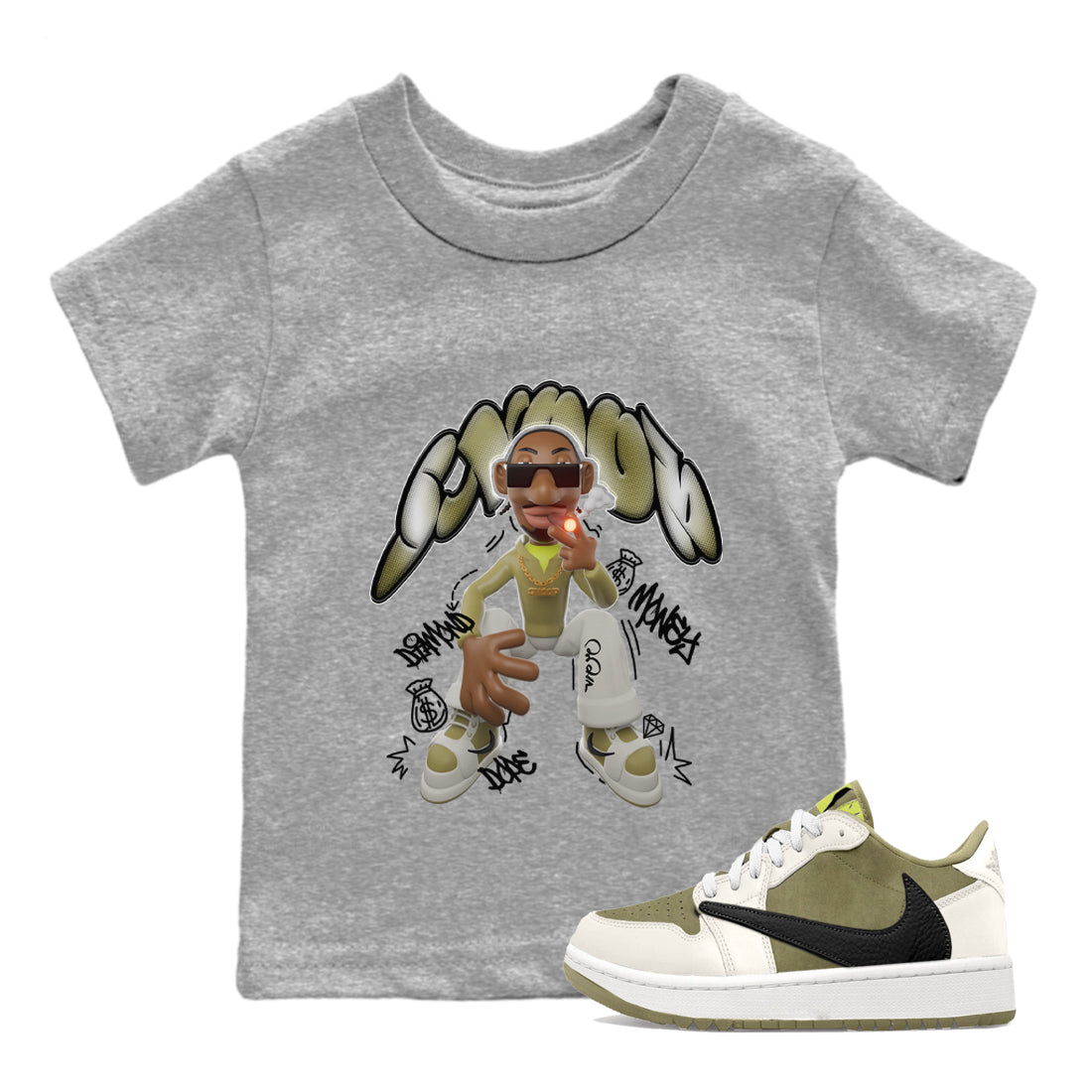 Air Jordan 1 Travis Scott Golf Olive shirt to match jordans Snoop Streetwear Sneaker Shirt AJ1Travis Scott Golf Olive Drip Gear Zone Sneaker Matching Clothing Baby Toddler Heather Grey 1 T-Shirt 