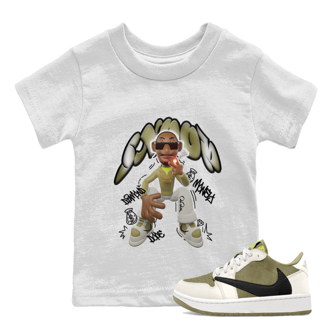 Air Jordan 1 Travis Scott Golf Olive shirt to match jordans Snoop Streetwear Sneaker Shirt AJ1Travis Scott Golf Olive Drip Gear Zone Sneaker Matching Clothing Baby Toddler White 1 T-Shirt