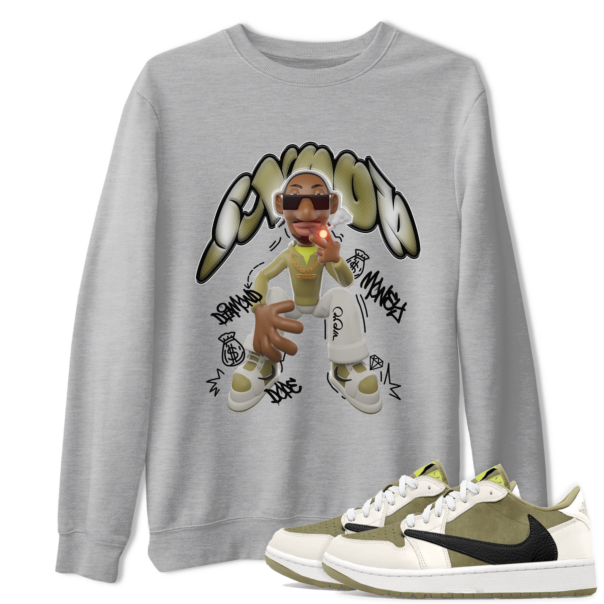 Air Jordan 1 Travis Scott Golf Olive shirt to match jordans Snoop Streetwear Sneaker Shirt AJ1Travis Scott Golf Olive Drip Gear Zone Sneaker Matching Clothing Unisex Heather Grey 1 T-Shirt 