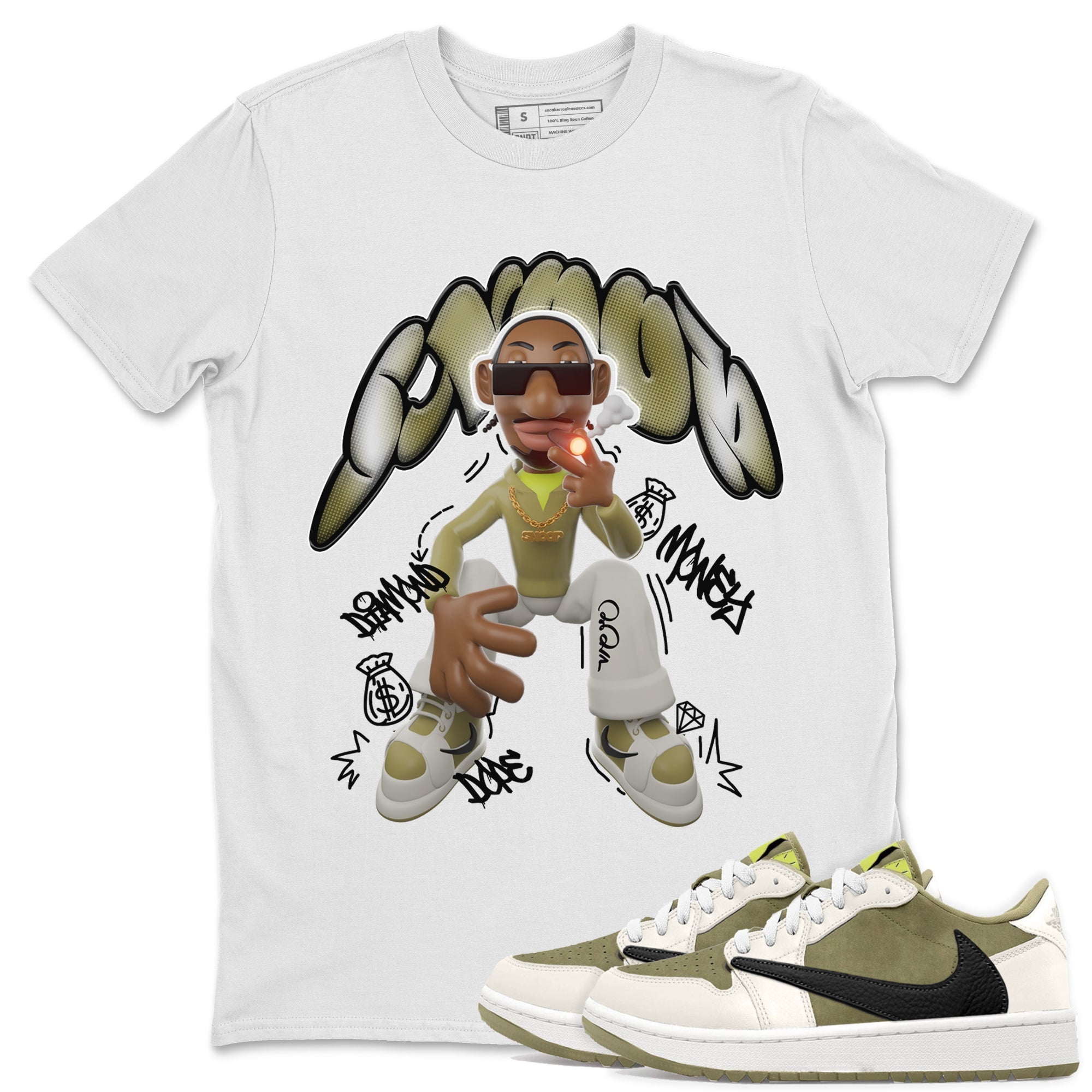 Air Jordan 1 Travis Scott Golf Olive shirt to match jordans Snoop Streetwear Sneaker Shirt AJ1Travis Scott Golf Olive Drip Gear Zone Sneaker Matching Clothing Unisex White 1 T-Shirt 