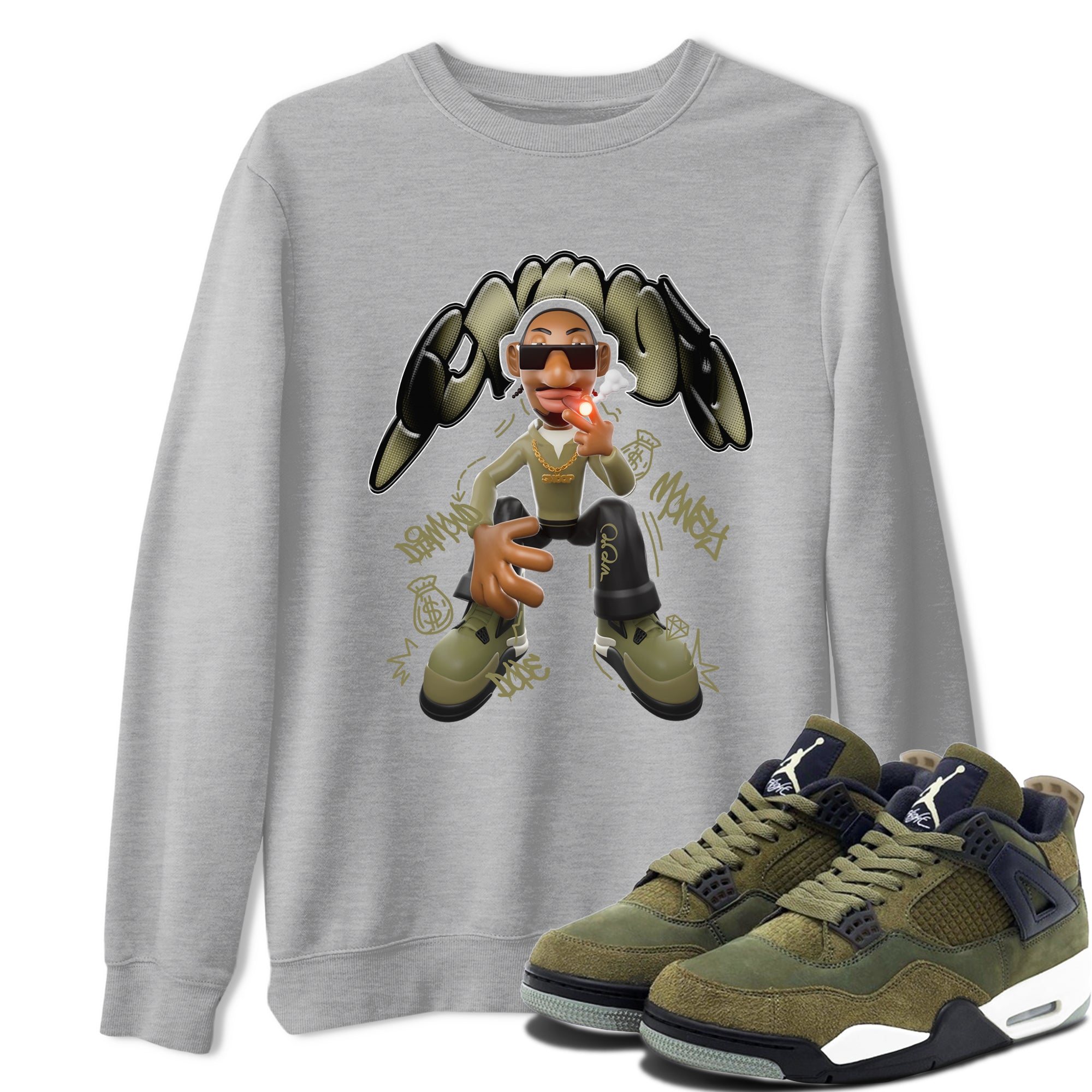 Air Jordan 4 Medium Olive shirt to match jordans streetwear brand Snoop sneaker tees AJ4Medium Olive Drip Gear Zone Unisex Heather Grey 1 T-Shirt