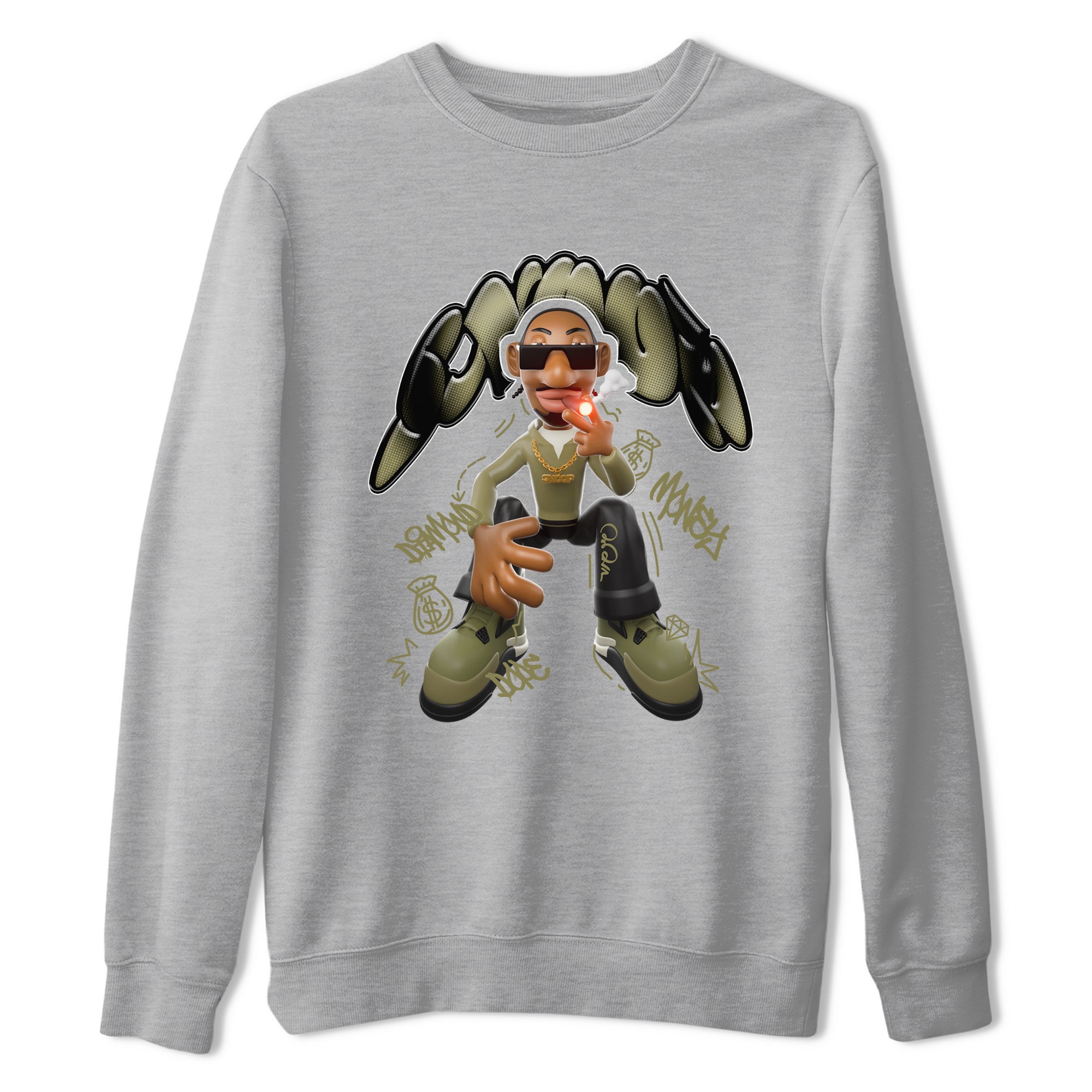Air Jordan 4 Medium Olive shirt to match jordans streetwear brand Snoop sneaker tees AJ4Medium Olive Drip Gear Zone Unisex Heather Grey 2 T-Shirt
