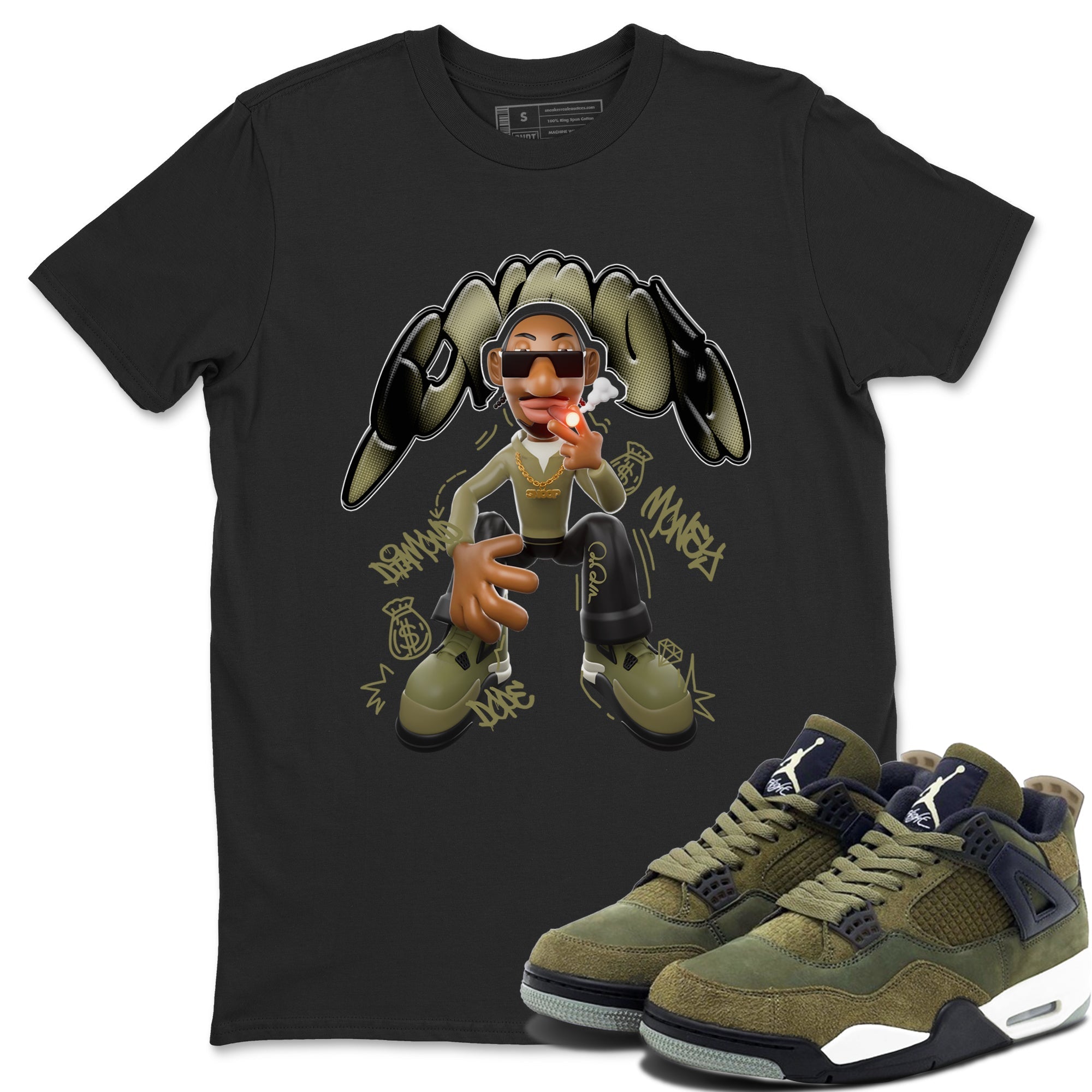 Air Jordan 4 Medium Olive shirt to match jordans streetwear brand Snoop sneaker tees AJ4Medium Olive Drip Gear Zone Unisex Black 1 T-Shirt