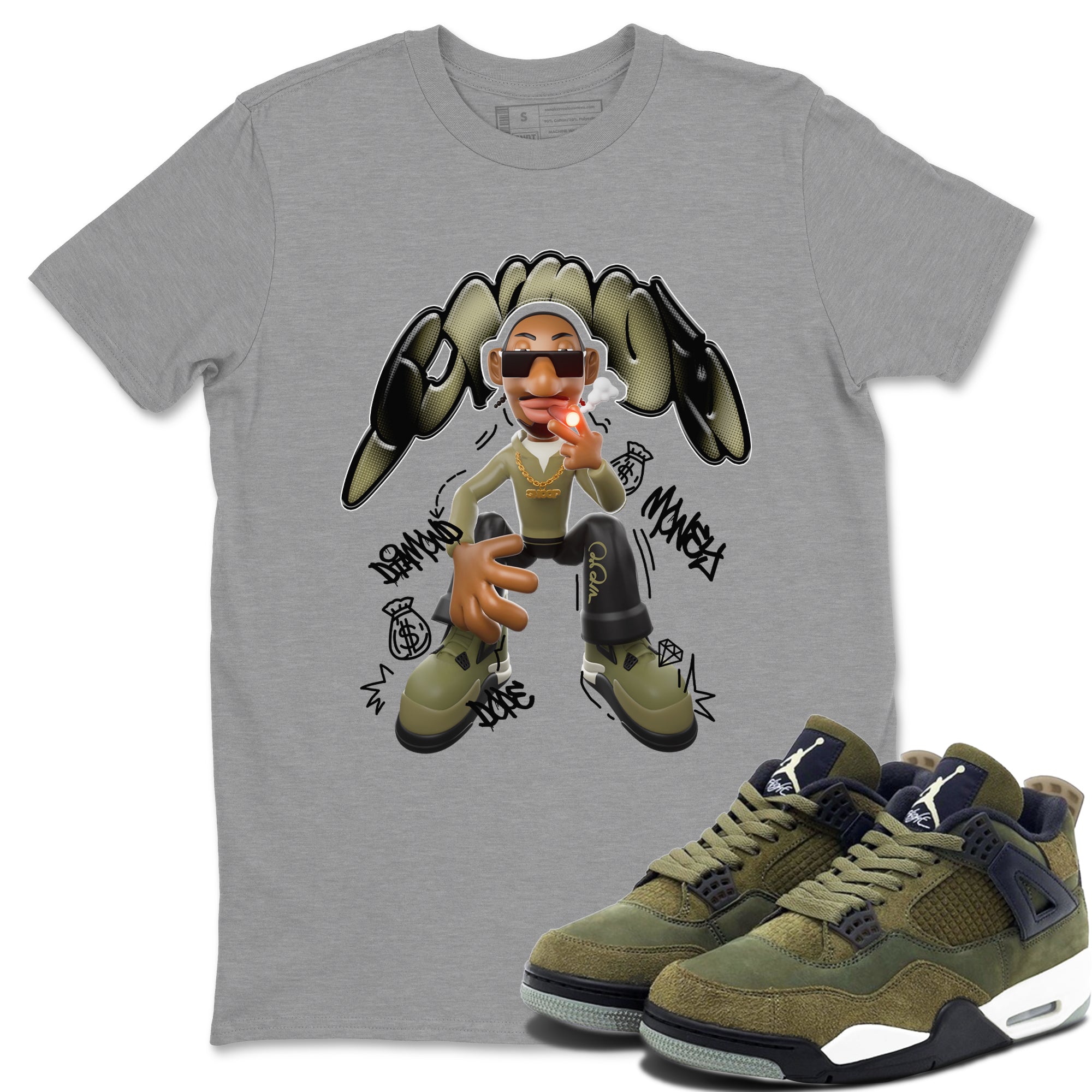 Air Jordan 4 Medium Olive shirt to match jordans streetwear brand Snoop sneaker tees AJ4Medium Olive Drip Gear Zone Unisex Heather Grey 1 T-Shirt