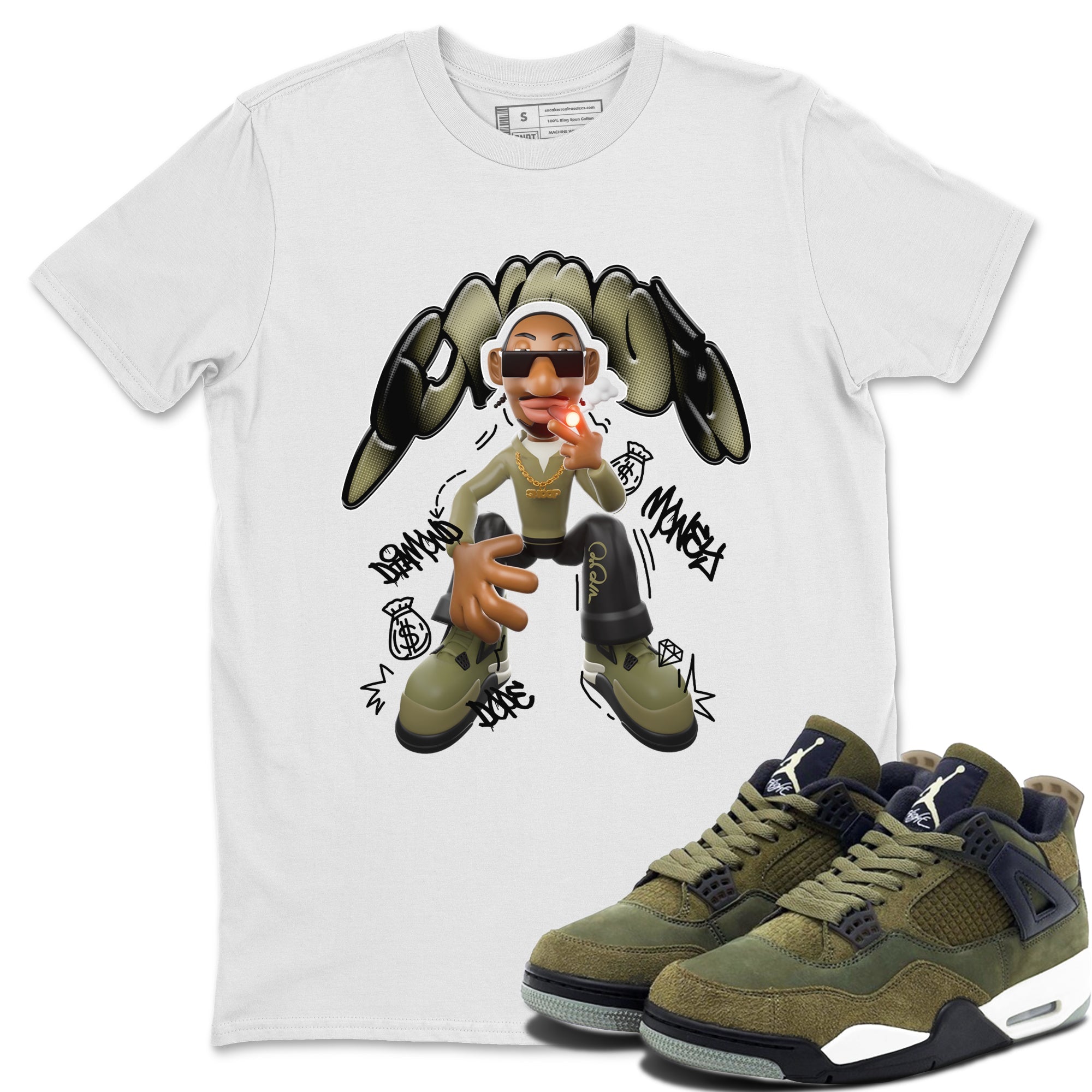 Air Jordan 4 Medium Olive shirt to match jordans streetwear brand Snoop sneaker tees AJ4Medium Olive Drip Gear Zone Unisex White 1 T-Shirt