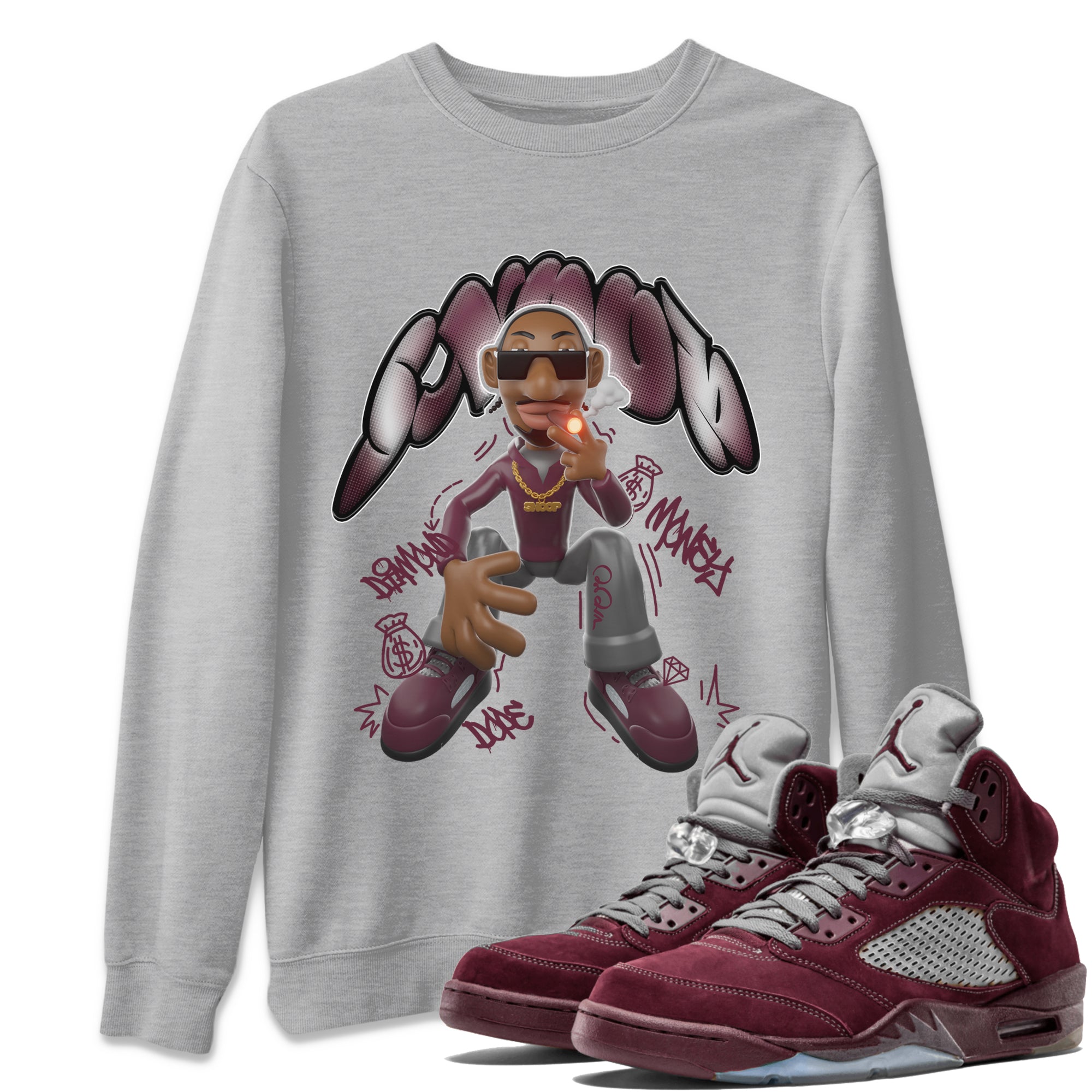 Air Jordan 5 Burgundy shirt to match jordans Snoop Streetwear Sneaker Shirt AJ5 Burgundy Drip Gear Zone Sneaker Matching Clothing Unisex Heather Grey 1 T-Shirt