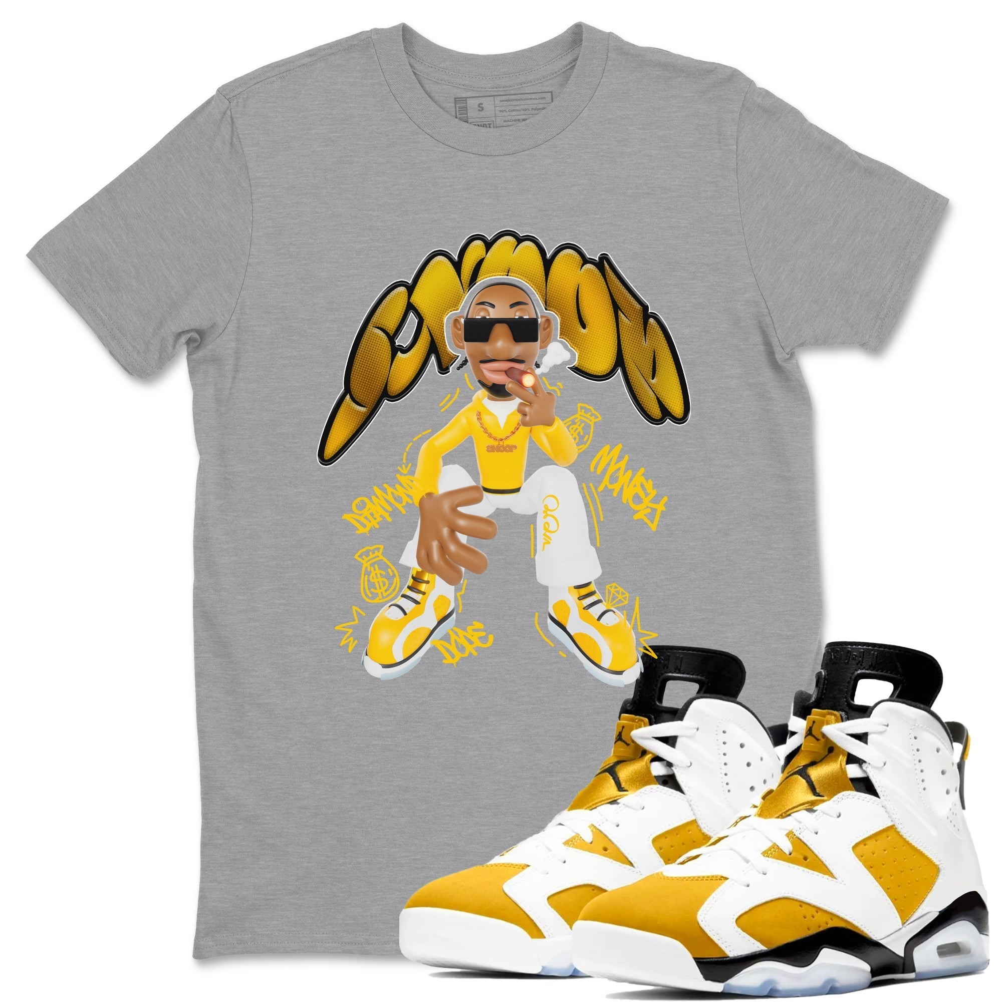 6s Yellow Ochre shirt to match jordans Snoop sneaker tees streetwear brand Air Jordan 6 Yellow Ochre Drip Gear Zone Brand Unisex Heather Grey 1 T-Shirt