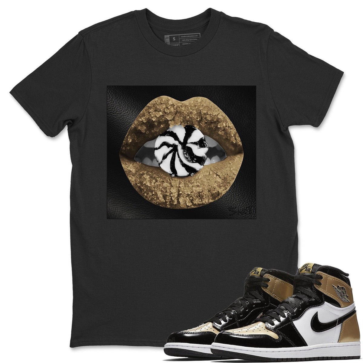 Jordan 1 Gold Toe Sneaker Matching T-Shirt Lips Candy Sneaker Tees Jordan 1 Gold Toe Sneaker Release Tees Crew Neck Tees