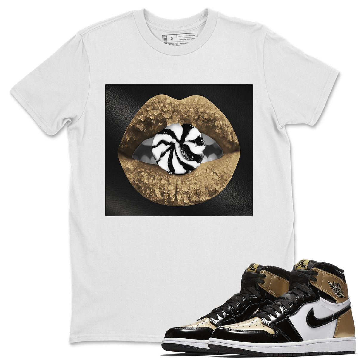 Jordan 1 Gold Toe Sneaker Matching T-Shirt Lips Candy Sneaker Tees Jordan 1 Gold Toe Sneaker Release Tees Crew Neck Tees