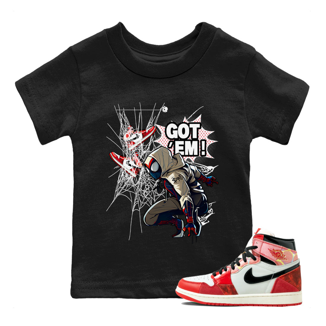 Air Jordan 1 Spider Man Sneaker Match Tees Spider Got Em Sneaker Release Tees Spider-Man: Across the Spider-Verse x Air Jordan 1 Sneaker Release Tees Kids Shirts Black 1
