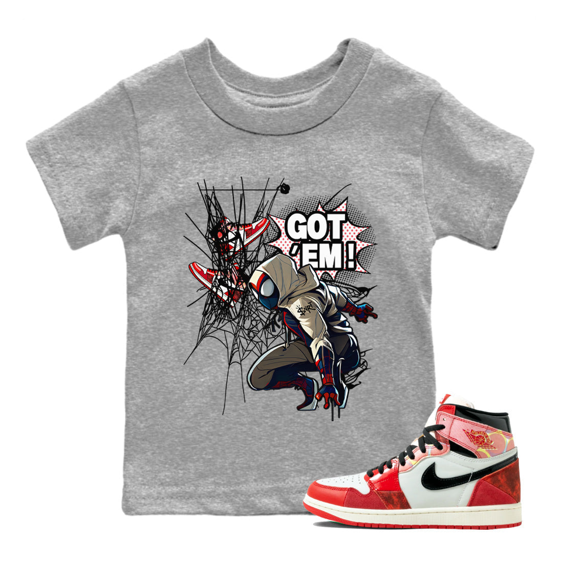 Air Jordan 1 Spider Man Sneaker Match Tees Spider Got Em Sneaker Release Tees Spider-Man: Across the Spider-Verse x Air Jordan 1 Sneaker Release Tees Kids Shirts Heather Grey 1