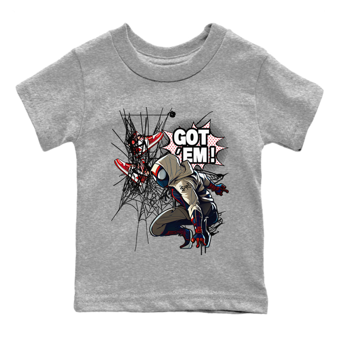 Air Jordan 1 Spider Man Sneaker Match Tees Spider Got Em Sneaker Release Tees Spider-Man: Across the Spider-Verse x Air Jordan 1 Sneaker Release Tees Kids Shirts Heather Grey 2