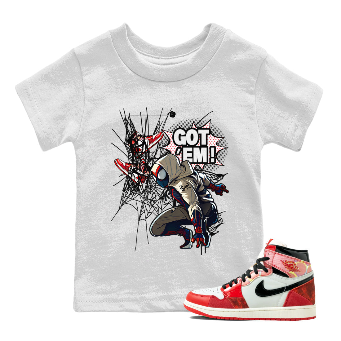 Air Jordan 1 Spider Man Sneaker Match Tees Spider Got Em Sneaker Release Tees Spider-Man: Across the Spider-Verse x Air Jordan 1 Sneaker Release Tees Kids Shirts White 1