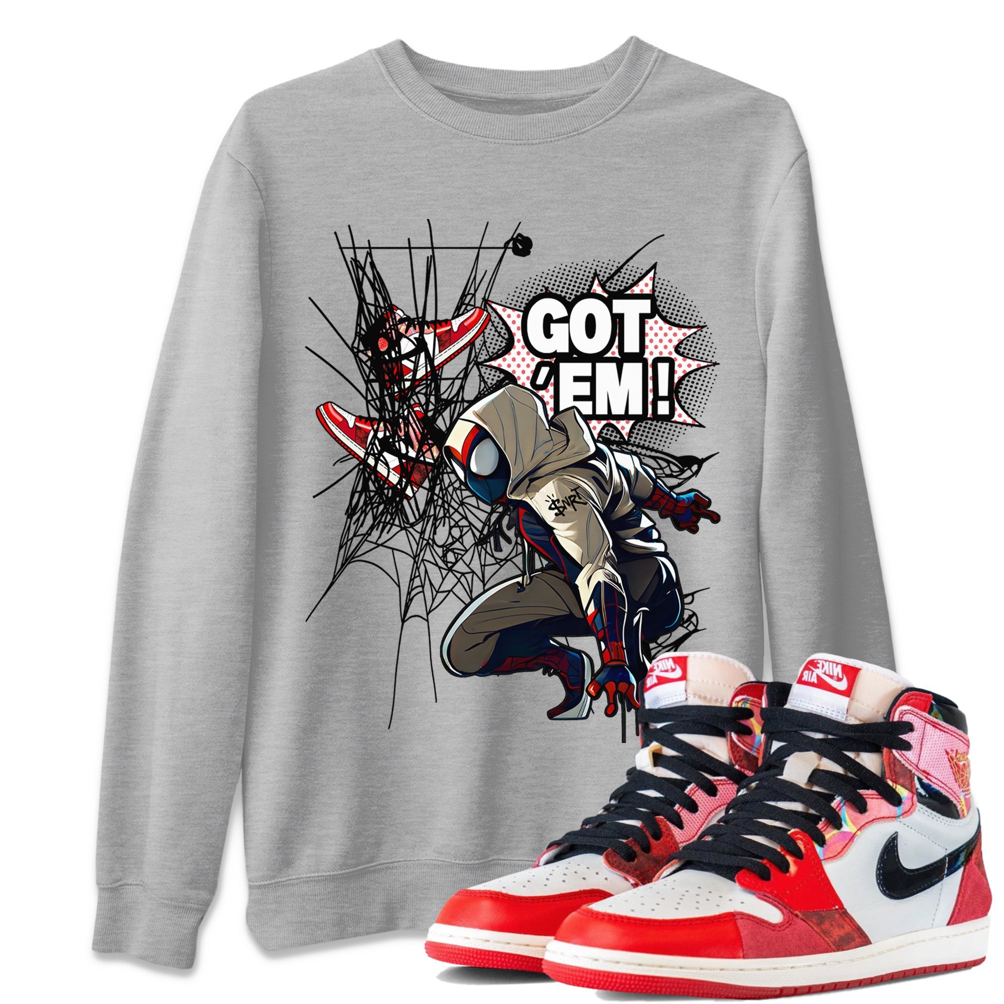 Air Jordan 1 Spider Man Sneaker Match Tees Spider Got Em Sneaker Release Tees Spider-Man: Across the Spider-Verse x Air Jordan 1 Sneaker Release Tees Unisex Shirts Heather Grey 1