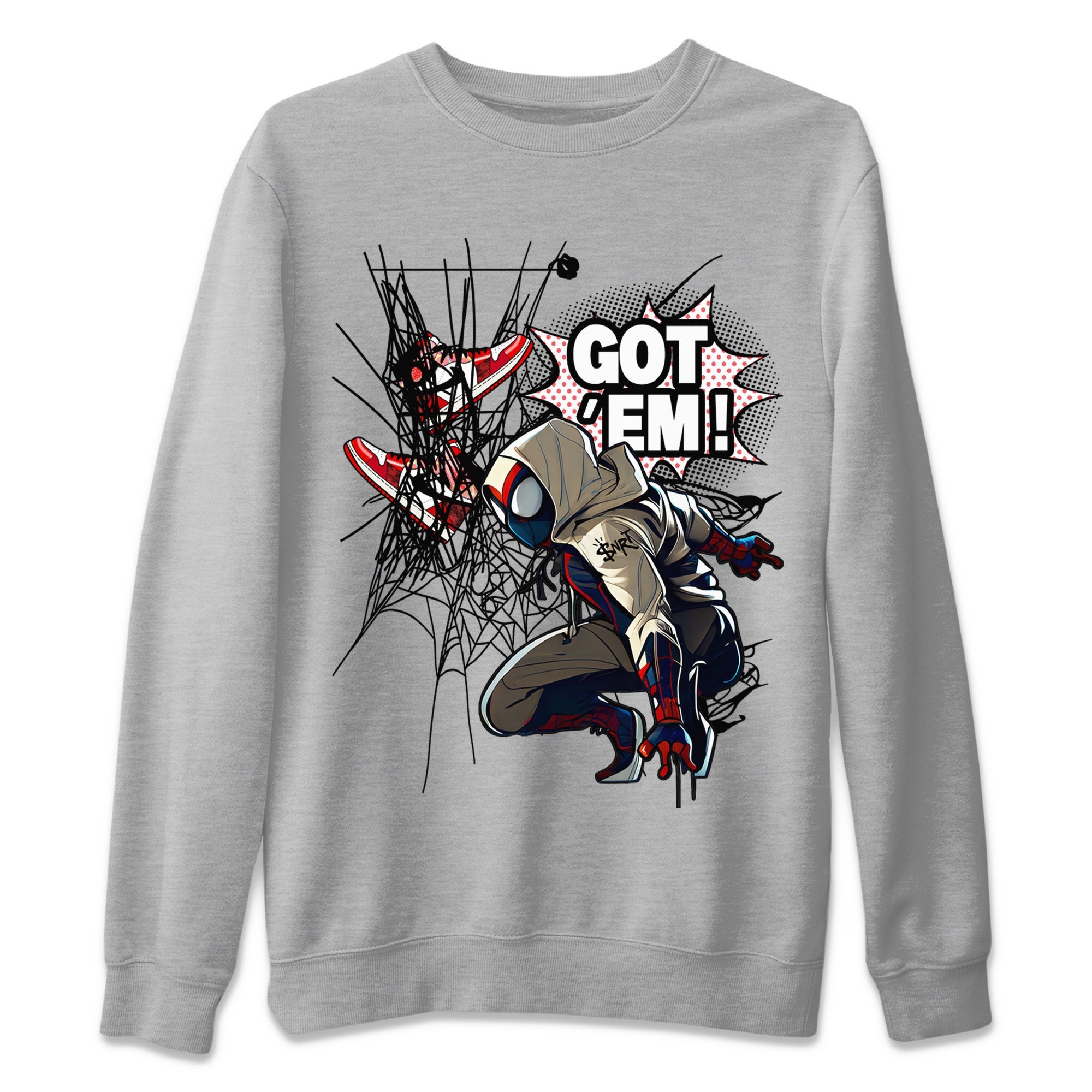 Air Jordan 1 Spider Man Sneaker Match Tees Spider Got Em Sneaker Release Tees Spider-Man: Across the Spider-Verse x Air Jordan 1 Sneaker Release Tees Unisex Shirts Heather Grey 2