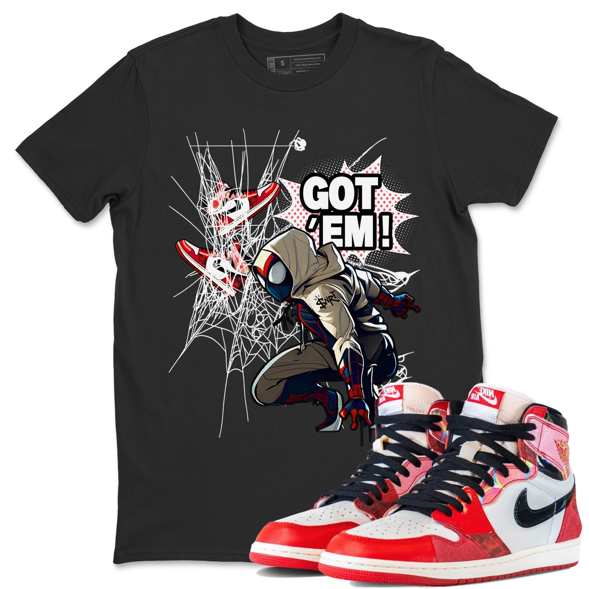 Air Jordan 1 Spider Man Sneaker Match Tees Spider Got Em Sneaker Release Tees Spider-Man: Across the Spider-Verse x Air Jordan 1 Sneaker Release Tees Unisex Shirts Black 1