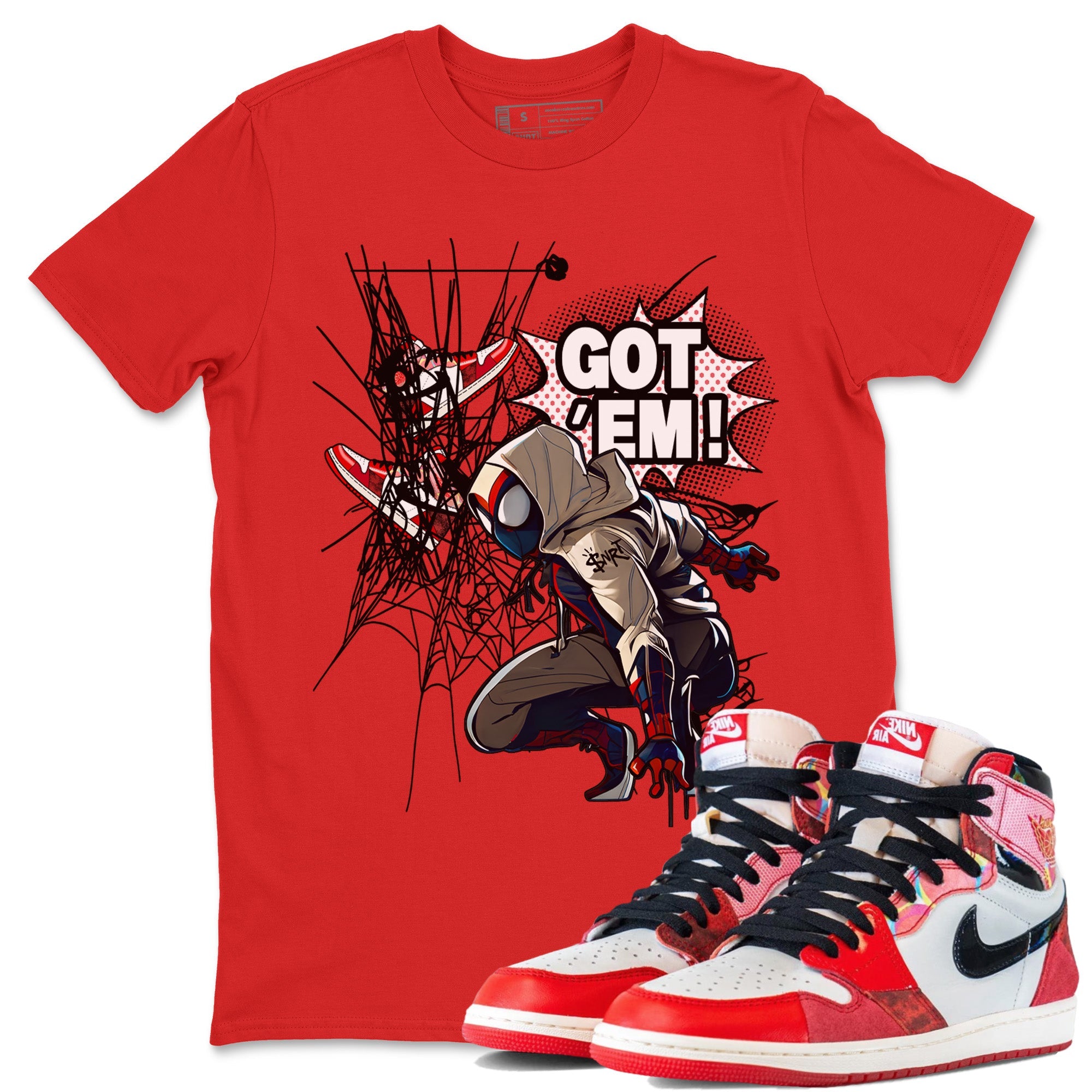 Air Jordan 1 Spider Man Sneaker Match Tees Spider Got Em Sneaker Release Tees Spider-Man: Across the Spider-Verse x Air Jordan 1 Sneaker Release Tees Unisex Shirts Red 1