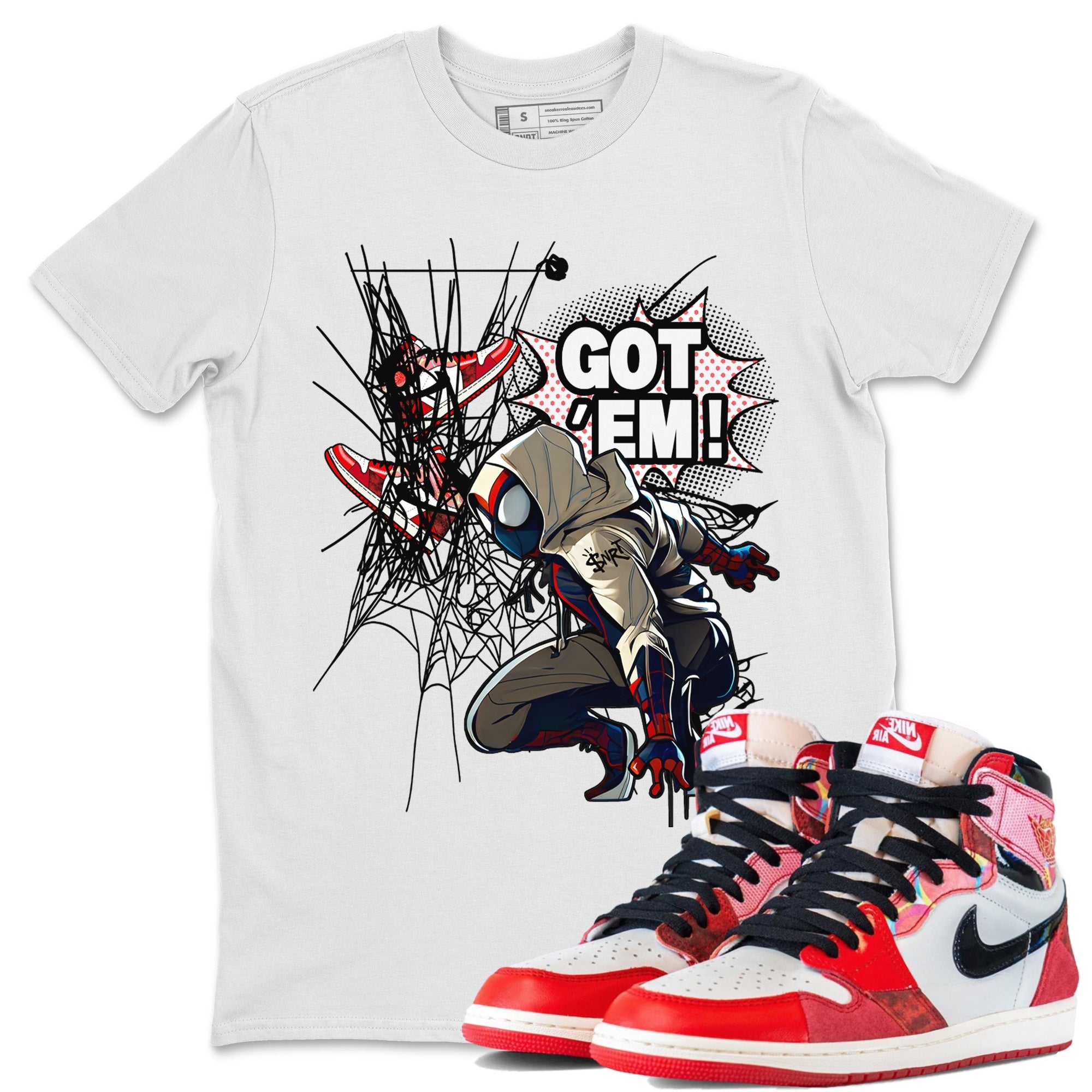Air Jordan 1 Spider Man Sneaker Match Tees Spider Got Em Sneaker Release Tees Spider-Man: Across the Spider-Verse x Air Jordan 1 Sneaker Release Tees Unisex Shirts White 1