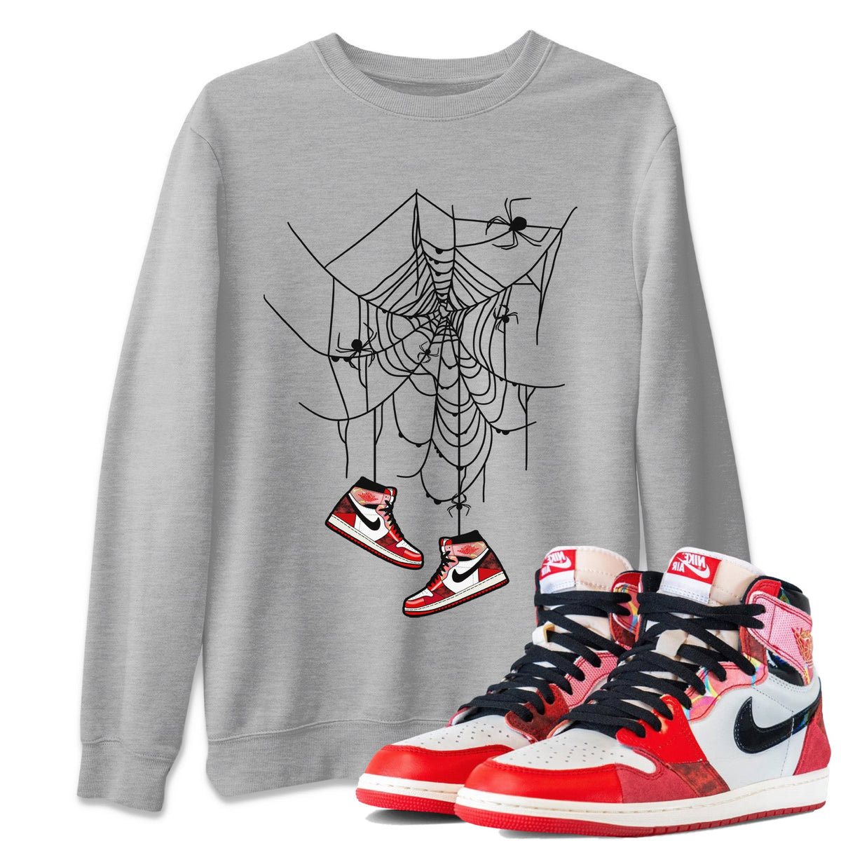 Air Jordan 1 Spider Man Sneaker Match Tees Spider Web Trap Sneaker Release Tees Air Jordan 1 High OG x Spider Man Sneaker Release Tees Unisex Shirts Heather Grey 1