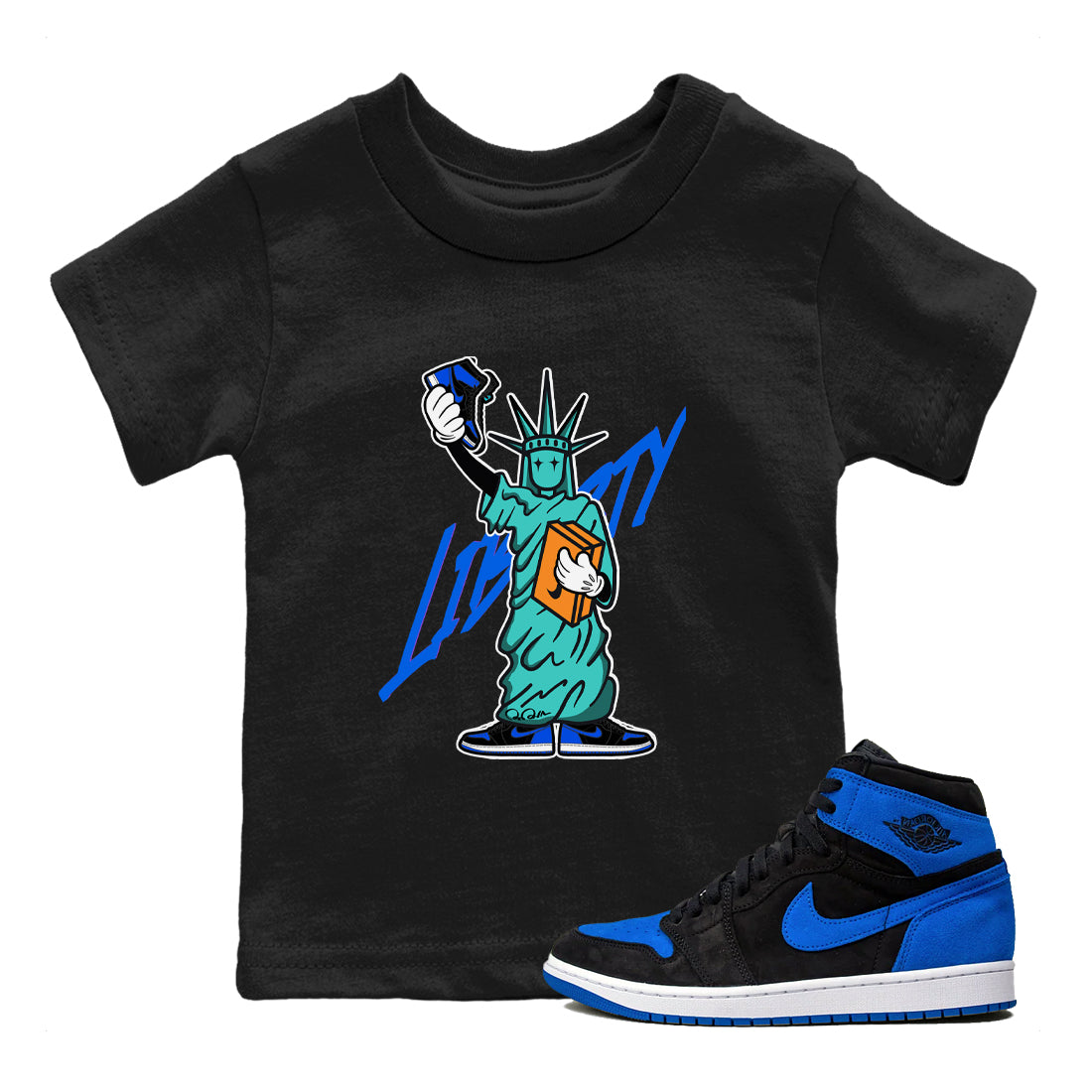 Air Jordan 1 Royal Reimagined shirt to match jordans Statue Of Liberty sneaker tees AJ1 Royal Reimagined Drip Gear Zone Kids Baby Toddler sneaker shirts Black 1 T-Shirt